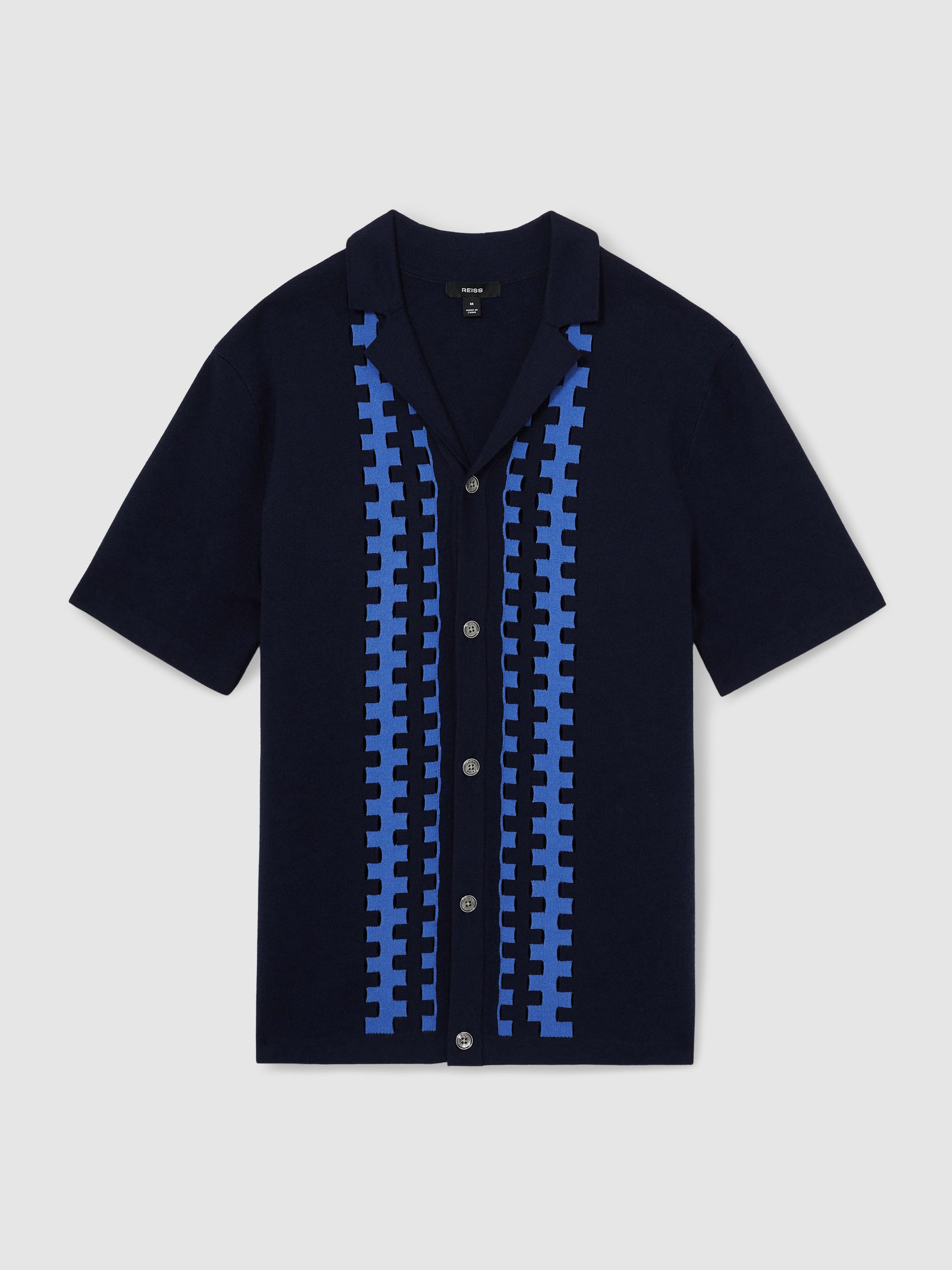 Geometric Cuban Collar Knit Shirt in Navy/Blue - Image 2 of 5