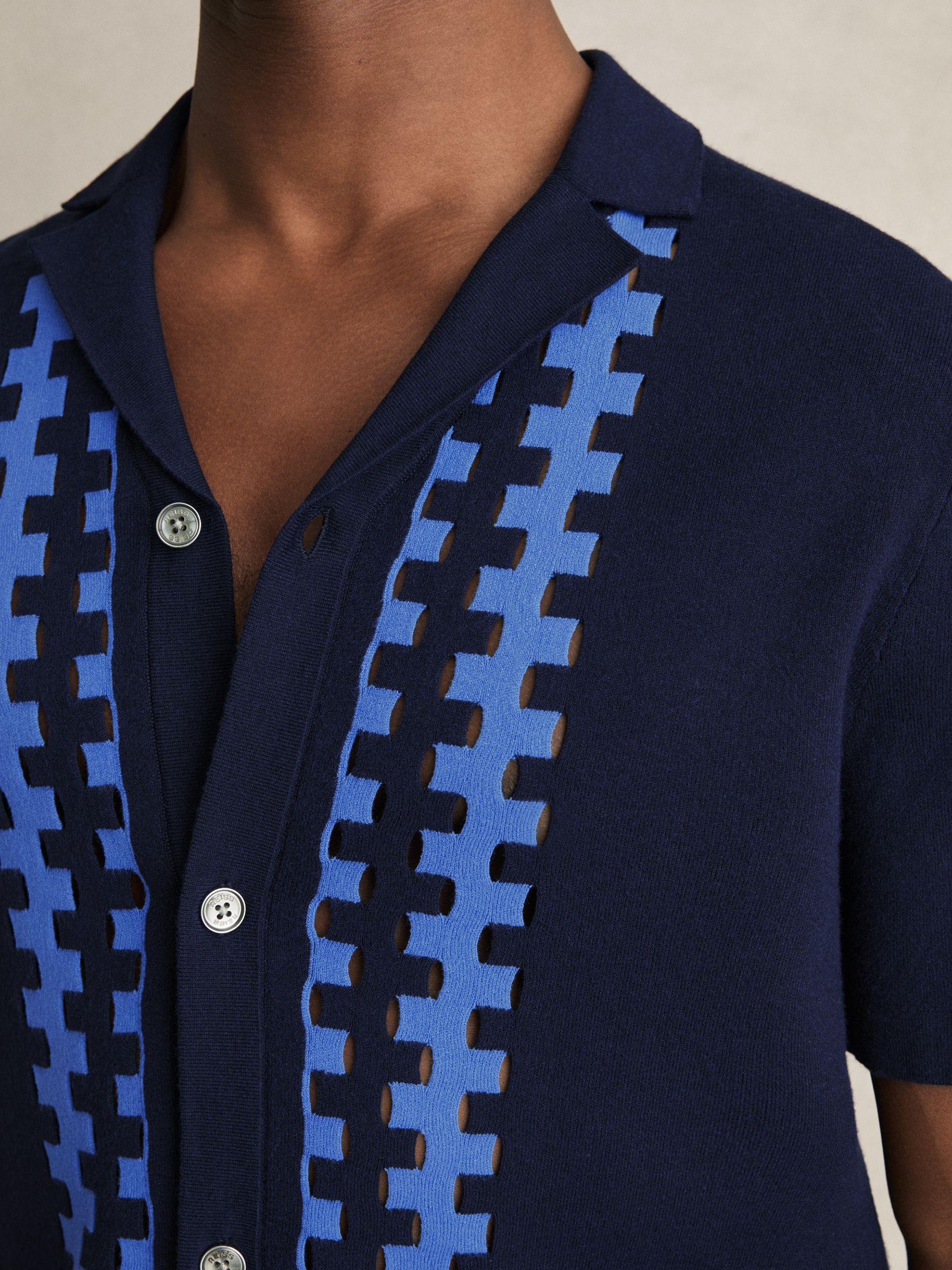 Geometric Cuban Collar Knit Shirt in Navy/Blue - Image 3 of 5