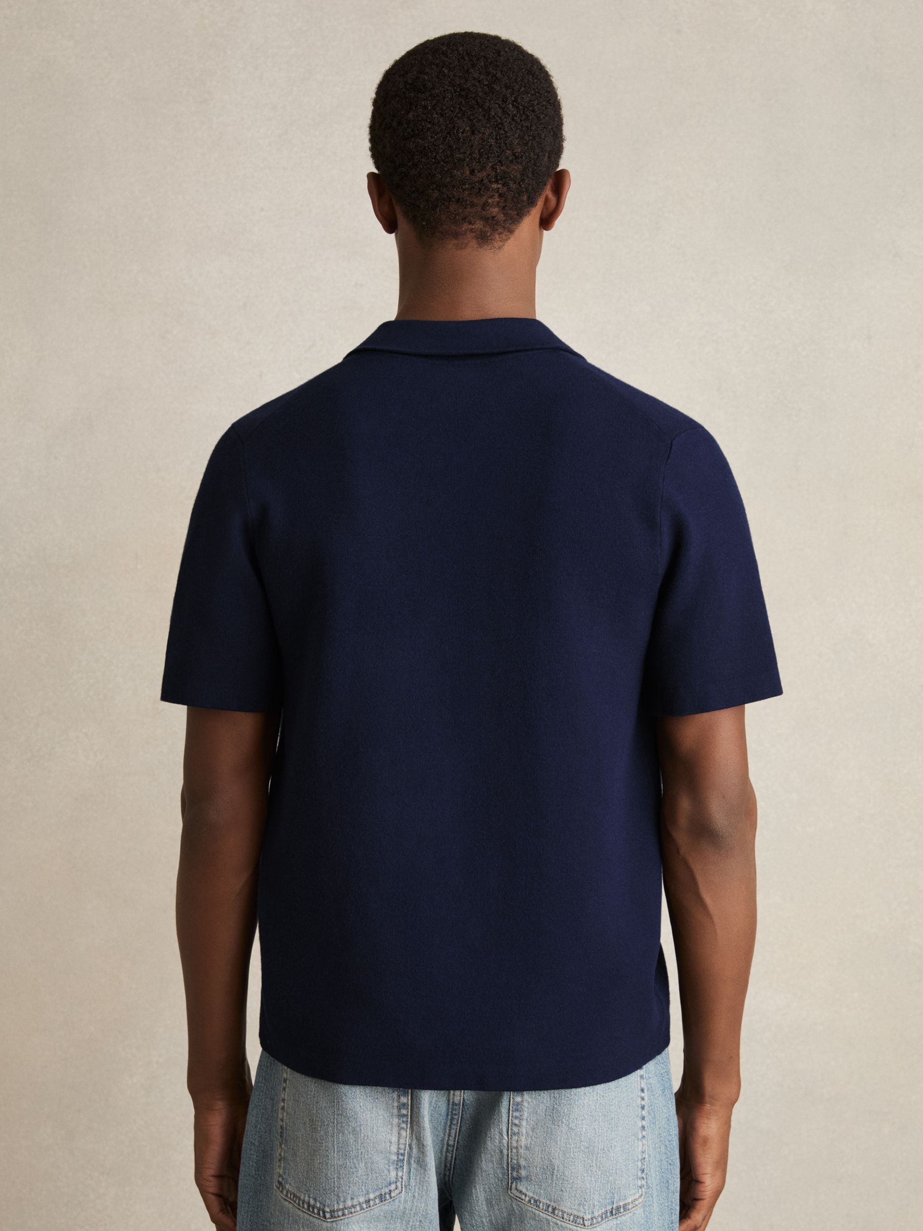 Geometric Cuban Collar Knit Shirt in Navy/Blue - Image 4 of 5