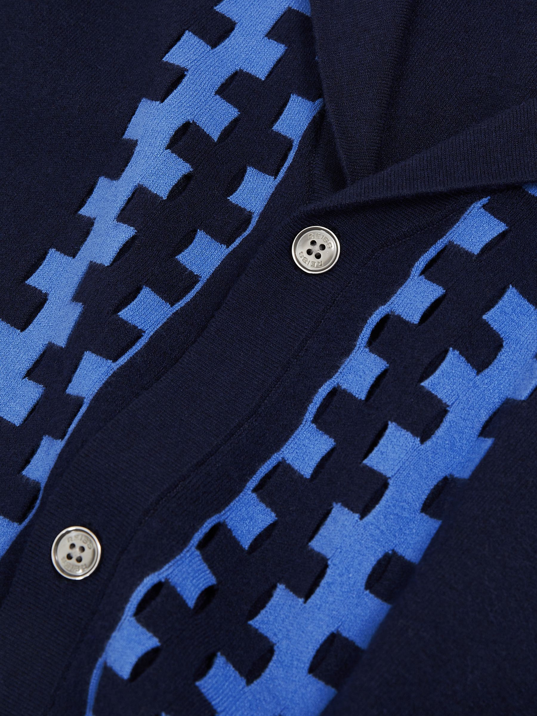 Geometric Cuban Collar Knit Shirt in Navy/Blue - Image 5 of 5