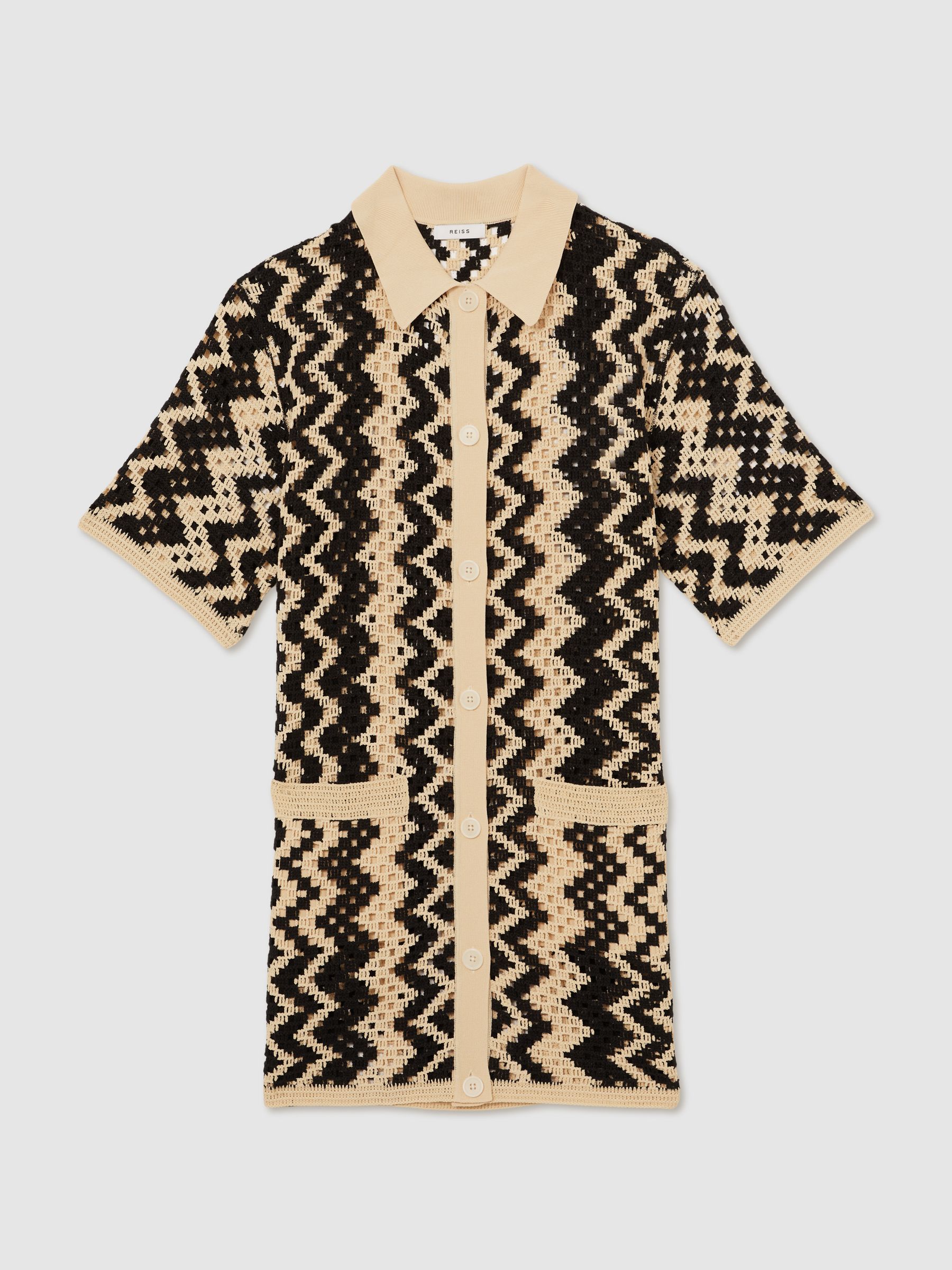 Cotton Blend Patterned Crochet Dress in Black/Cream - Image 2 of 5