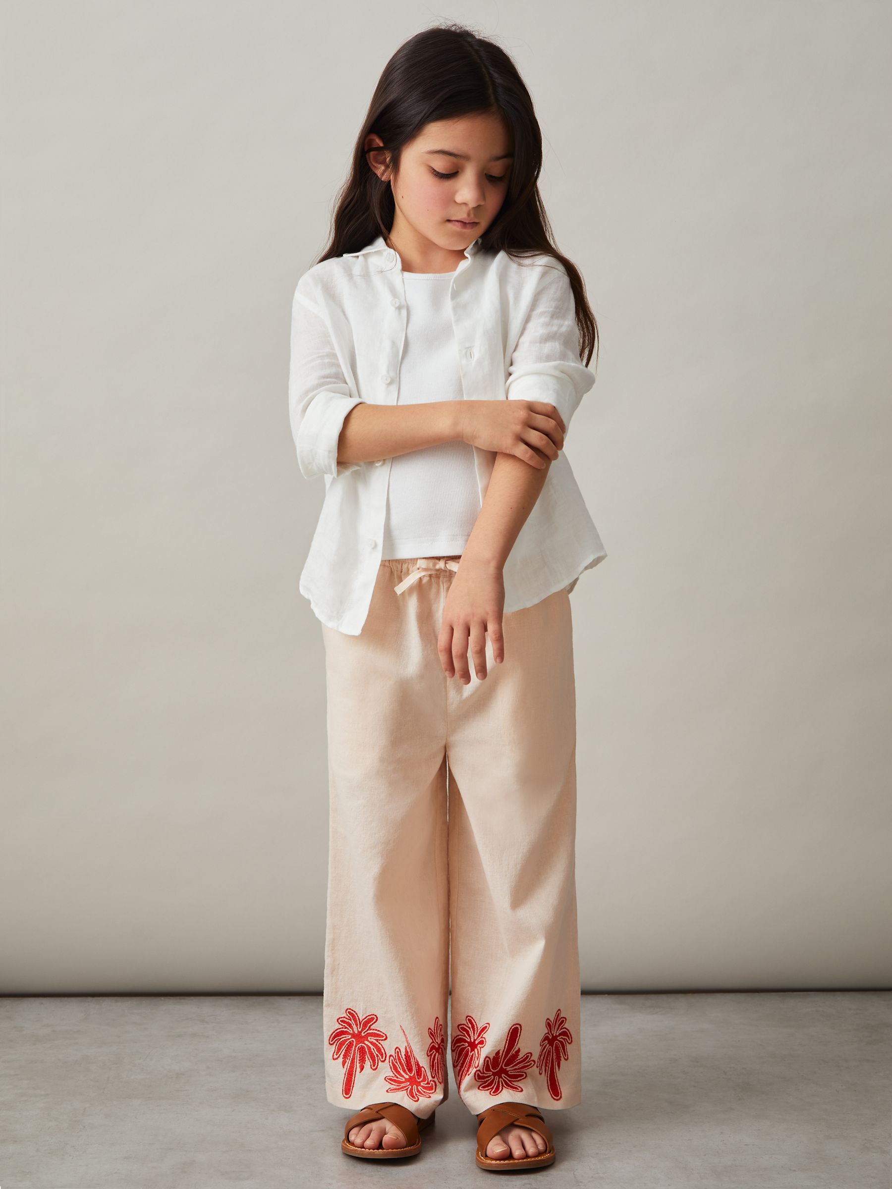Cotton Linen Palm Embroidery Trousers in Stone - Image 1 of 4