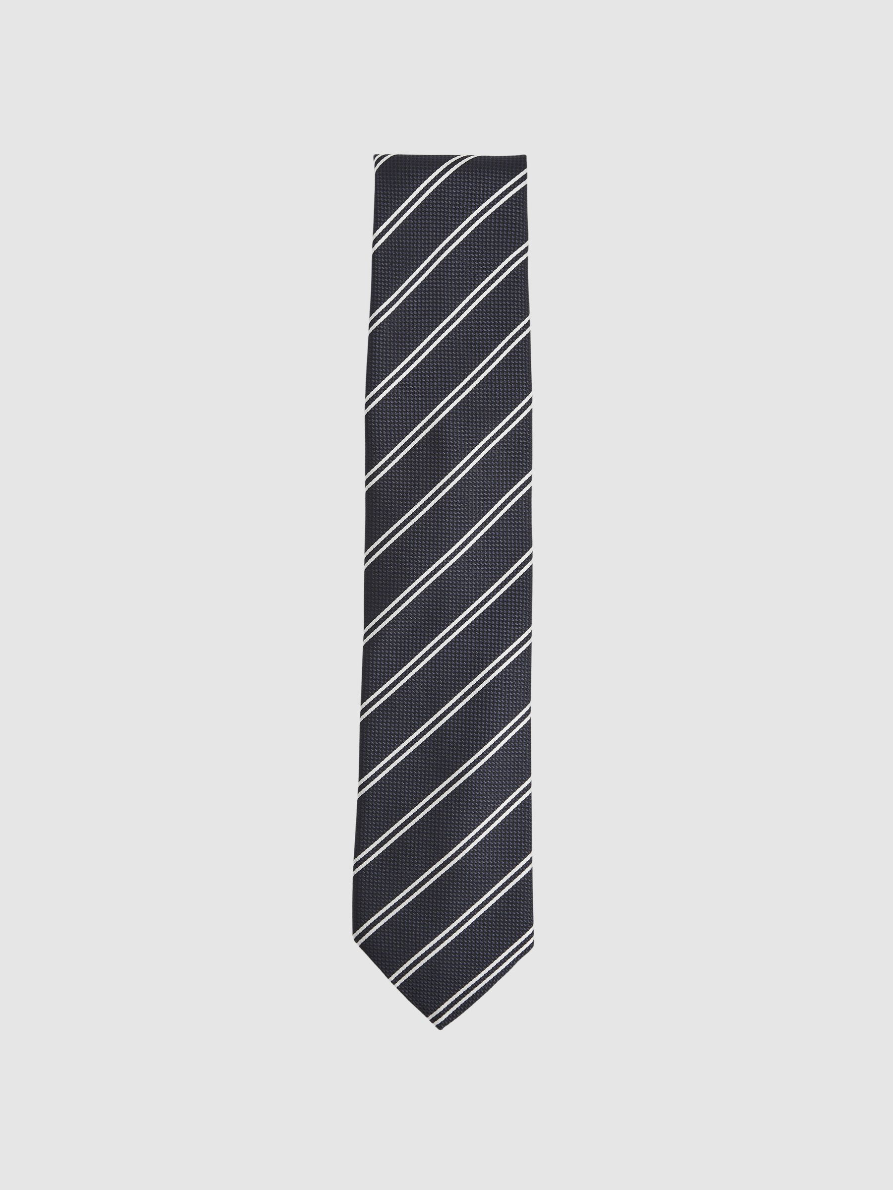 Silk Blend Stripe Tie in Navy - Image 1 of 4