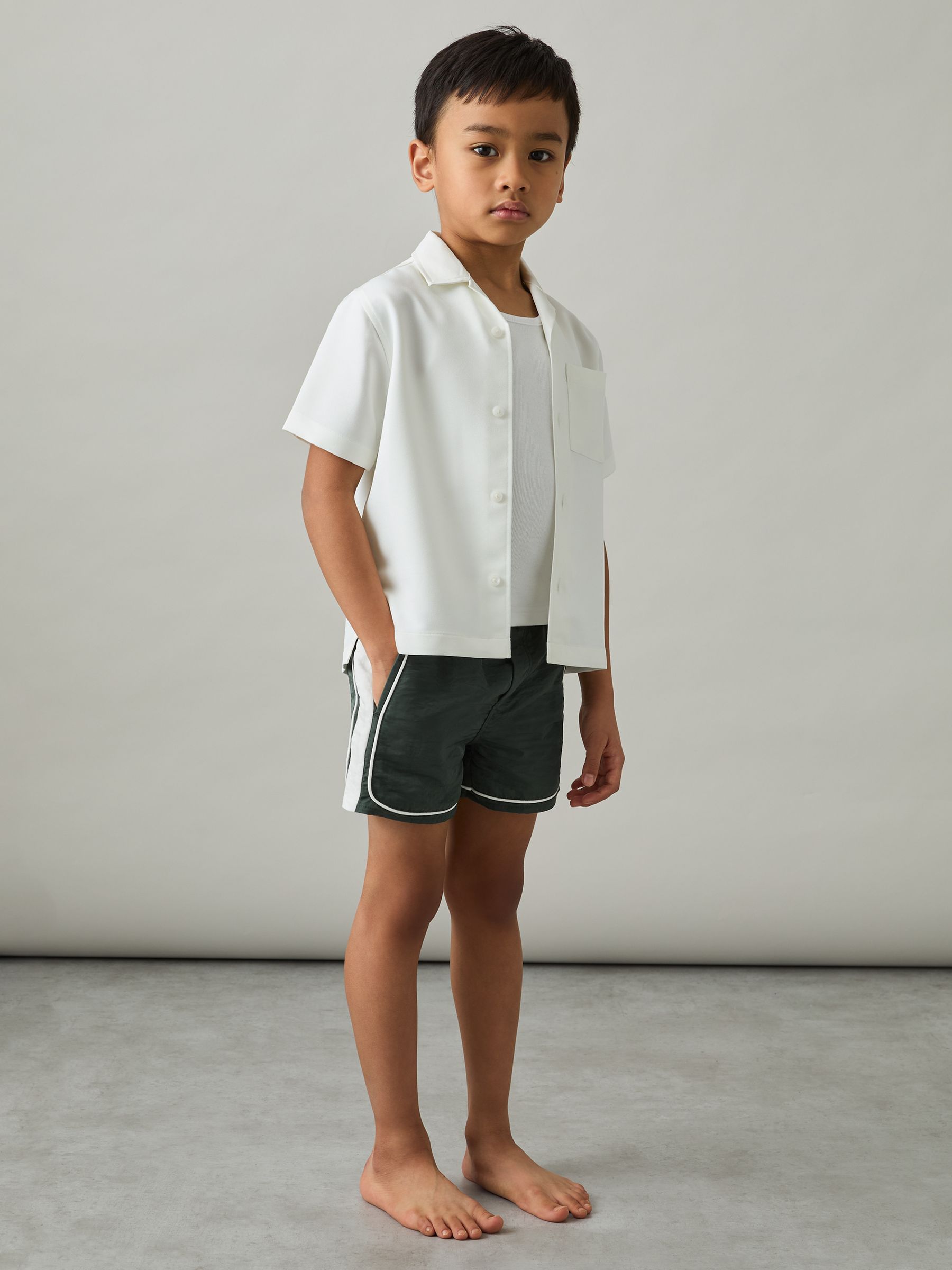 Colour-Block Piped Swim Shorts in Green/White - Image 2 of 4