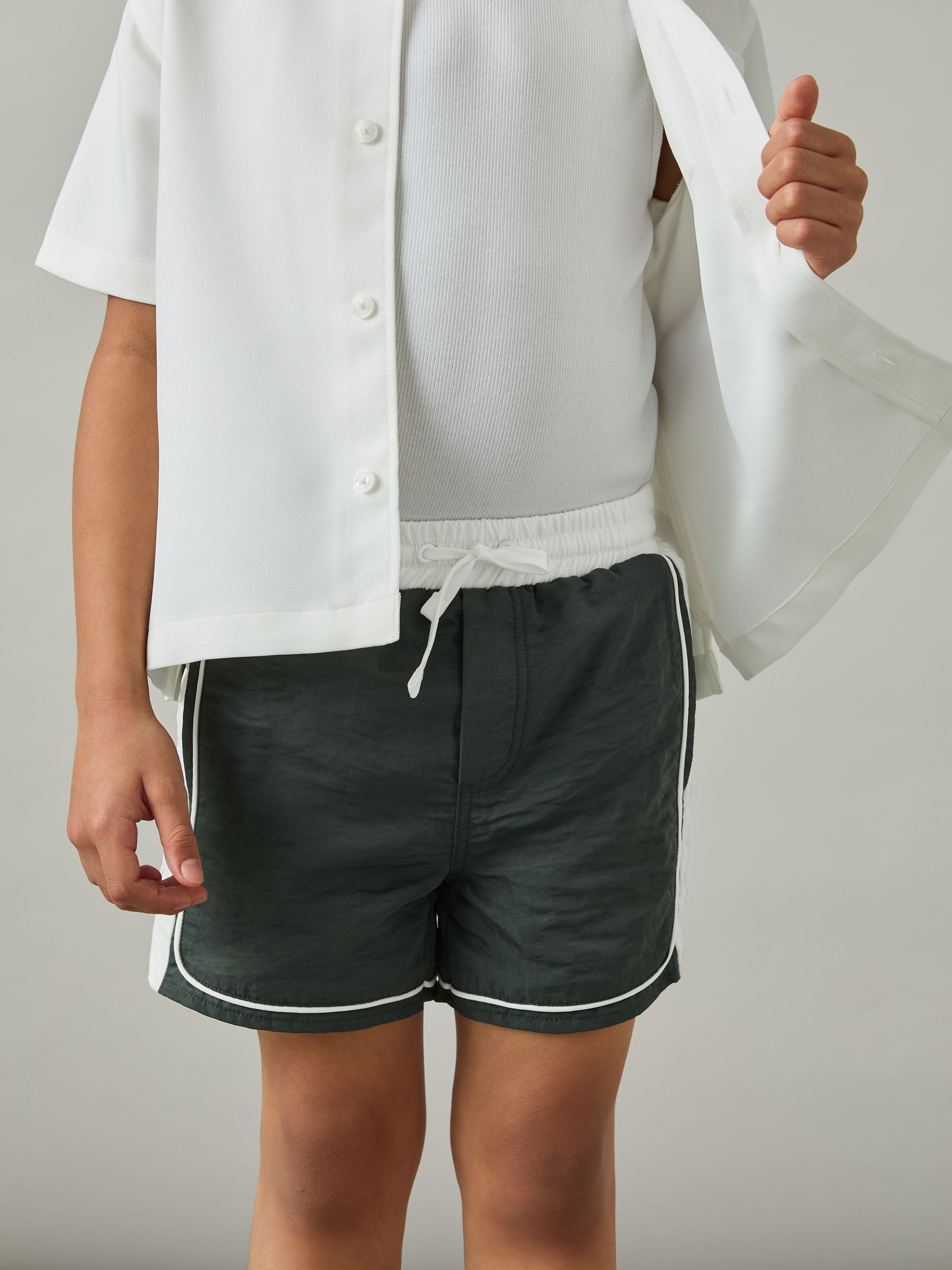 Colour-Block Piped Swim Shorts in Green/White - Image 3 of 4