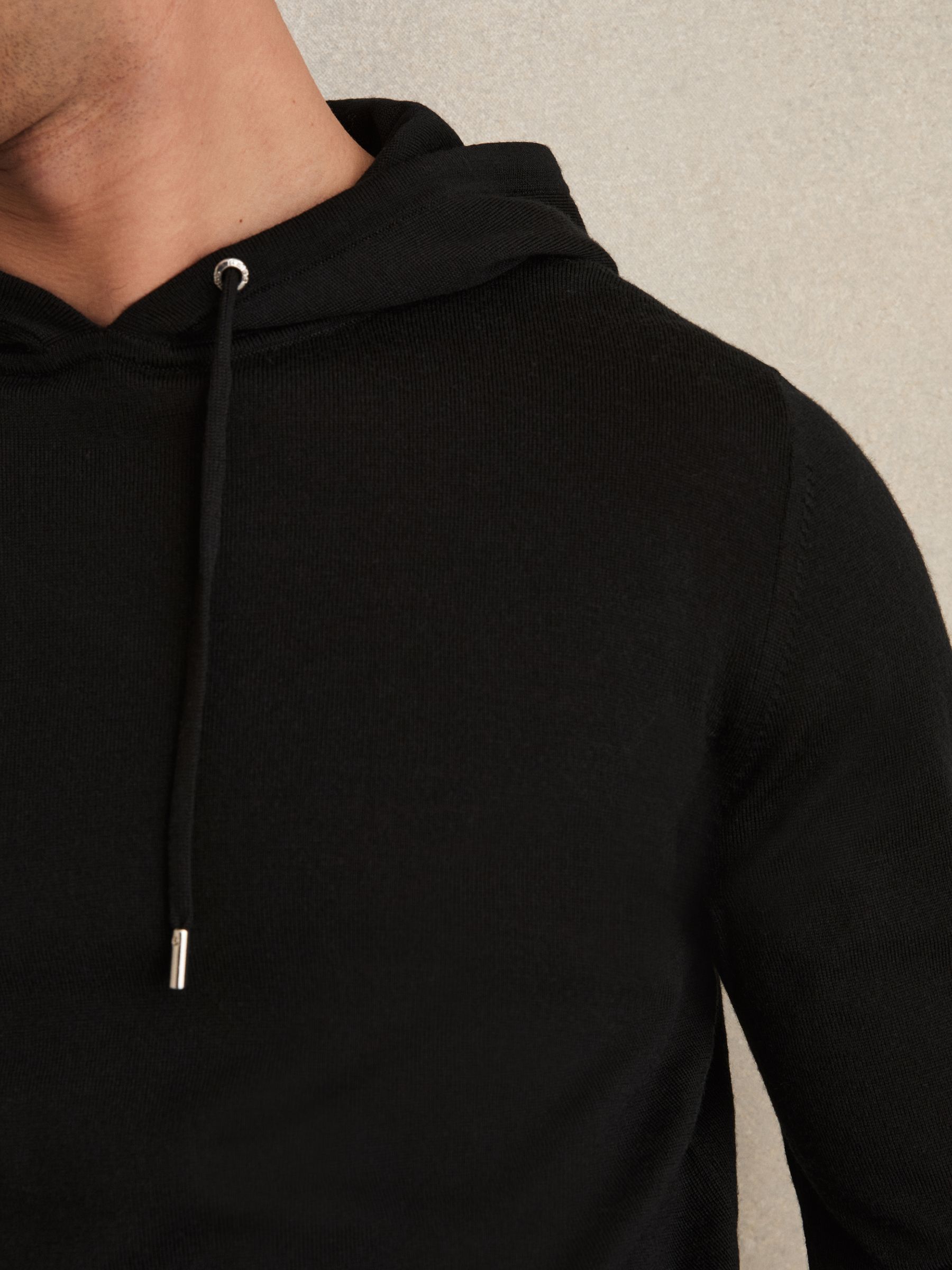 Merino Wool Drawstring Hoodie in Black - Image 3 of 5