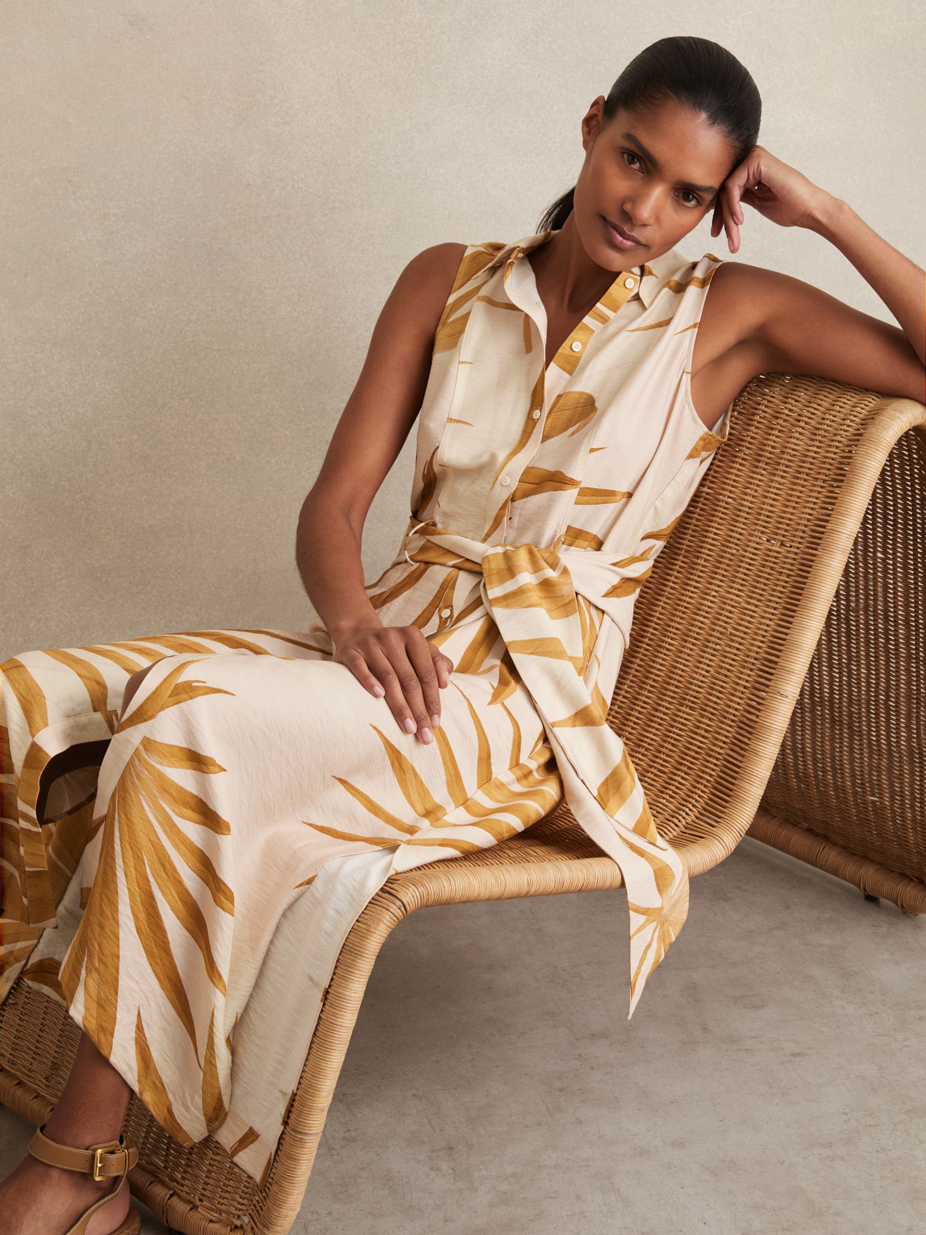 Petite Palm-Print Sleeveless Shirt Dress in Neutral - Image 1 of 8
