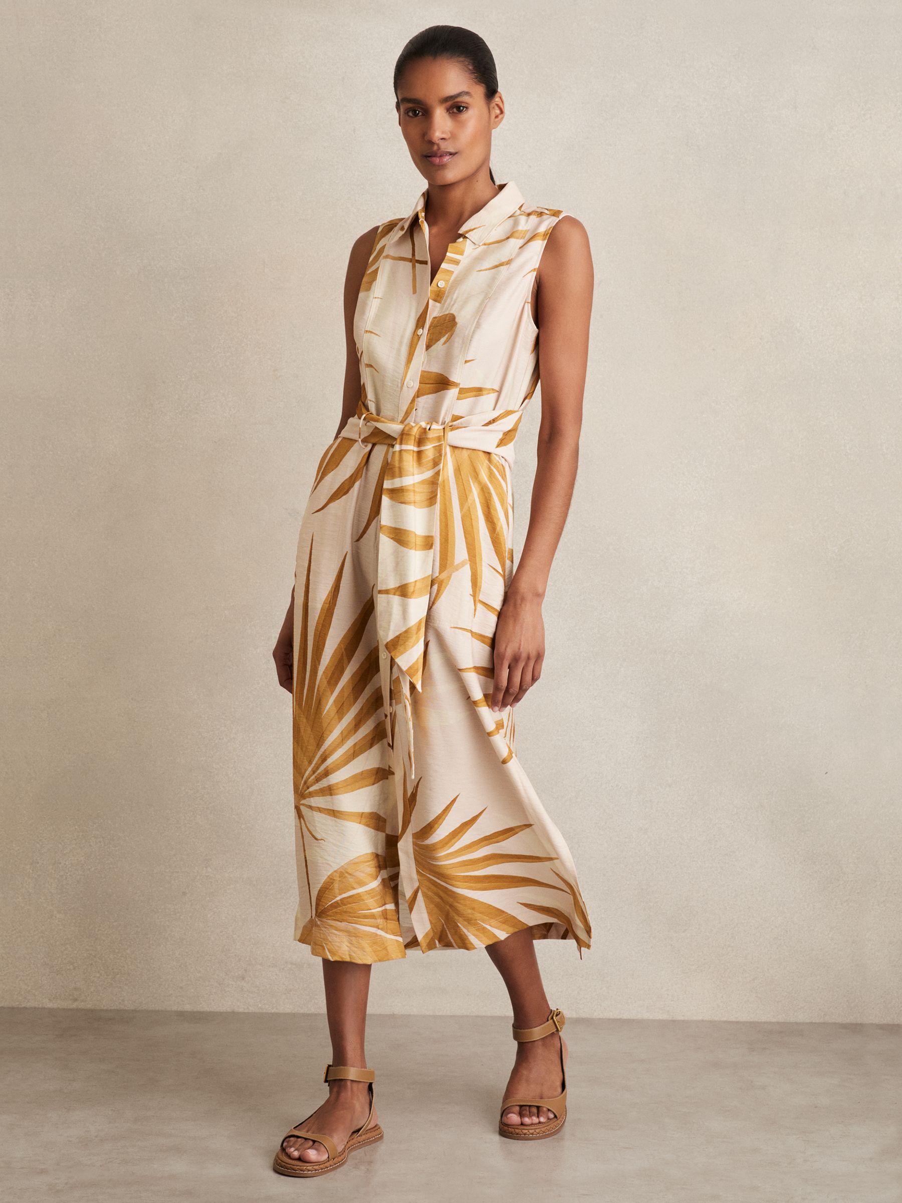 Petite Palm-Print Sleeveless Shirt Dress in Neutral - image 5