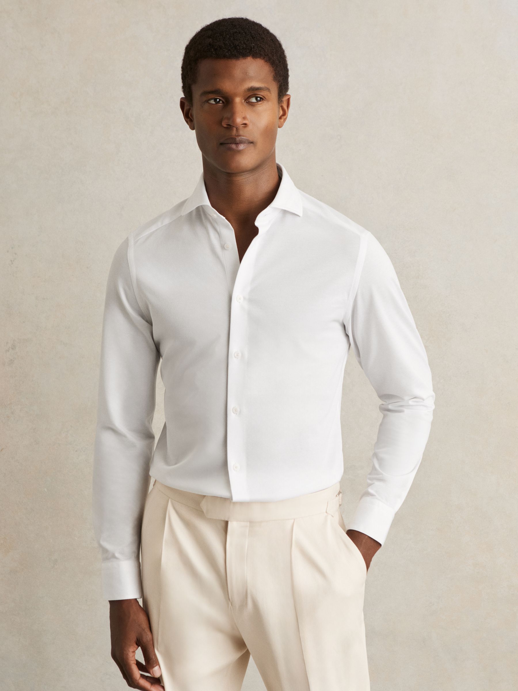 Cotton-Blend Jersey Cutaway-Collar Shirt in White - Image 1 of 7
