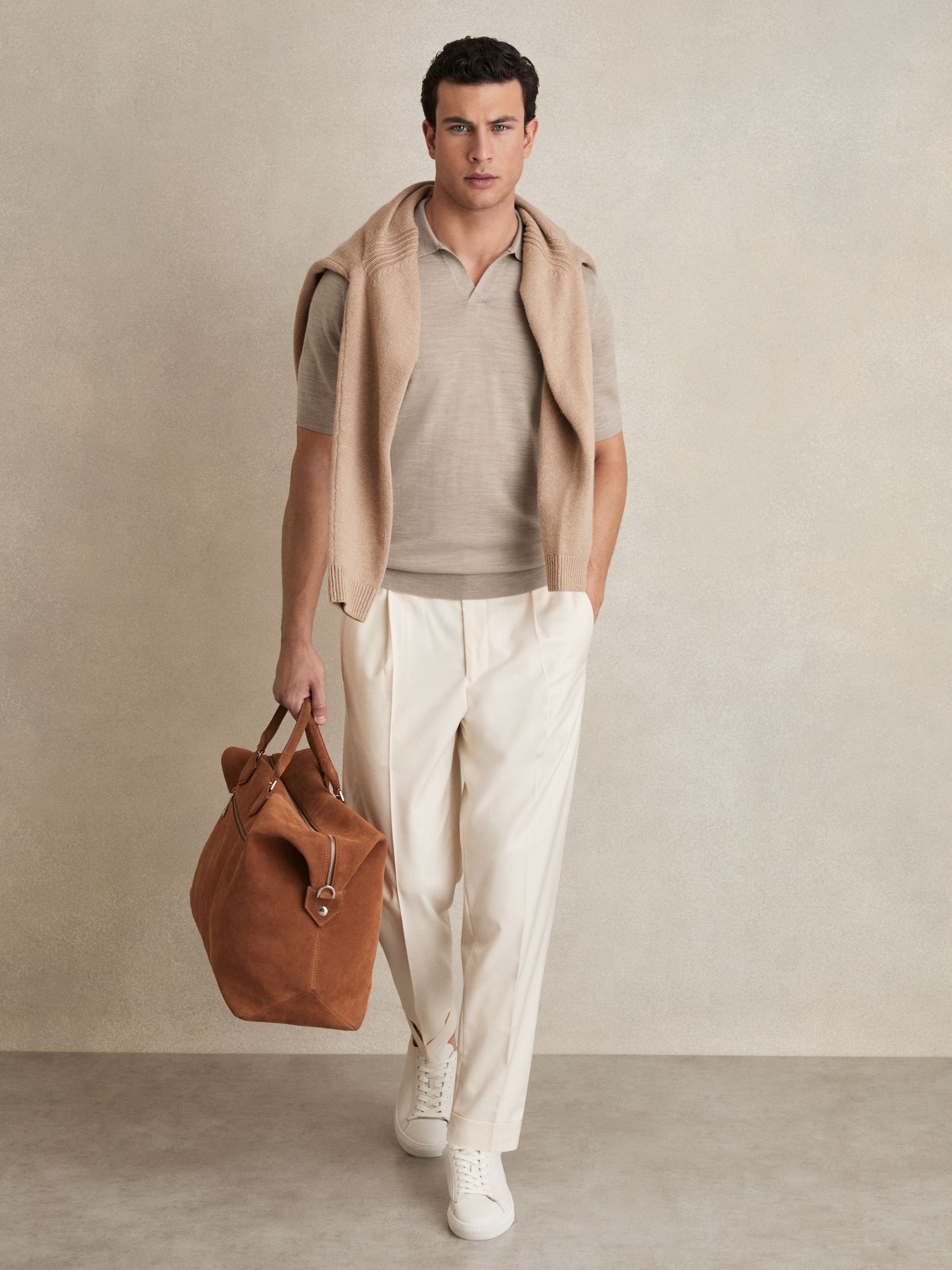 Merino Wool Open Collar Polo Shirt in Wheat Melange - Image 1 of 6
