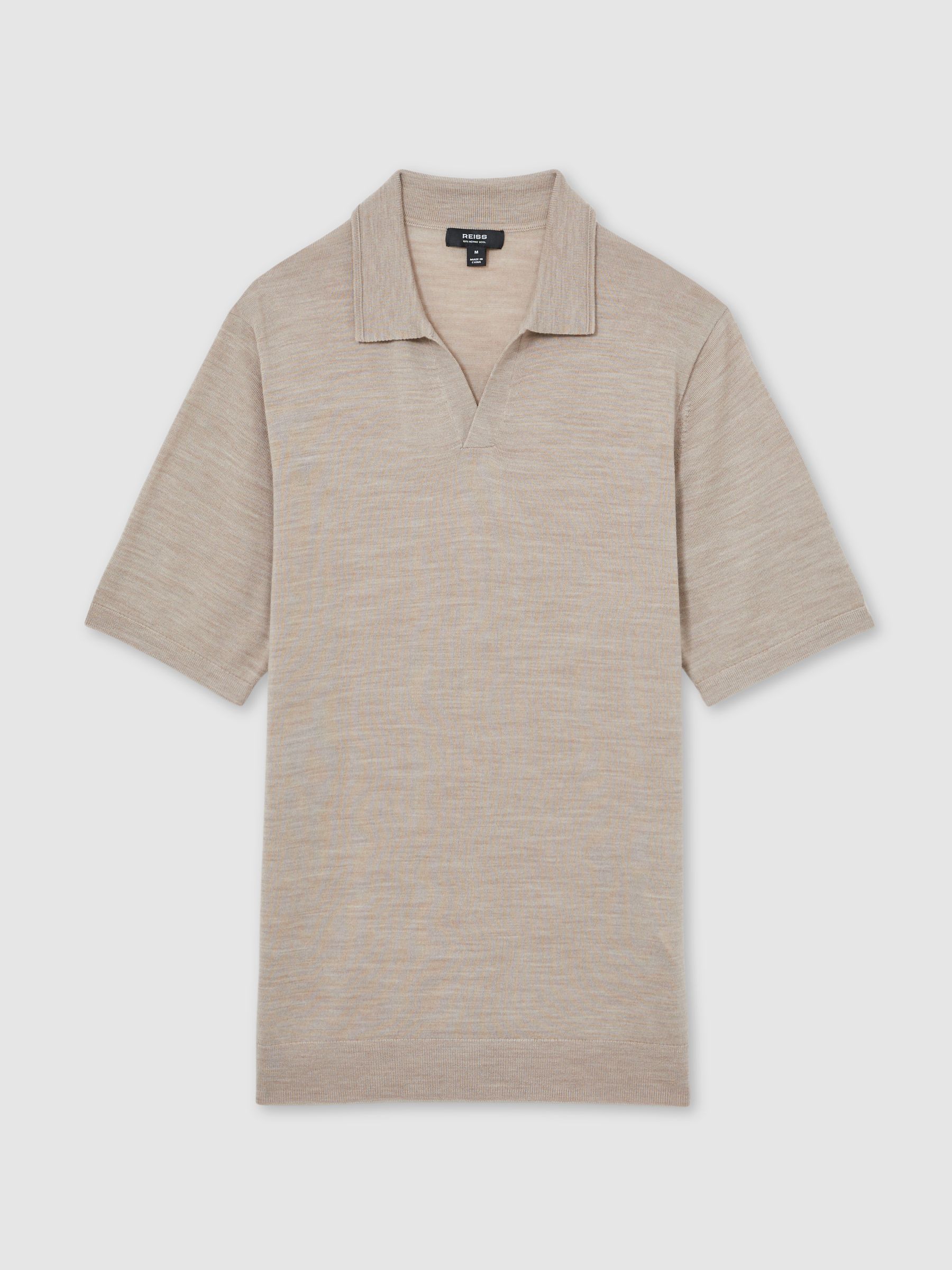 Merino Wool Open Collar Polo Shirt in Wheat Melange - Image 2 of 6