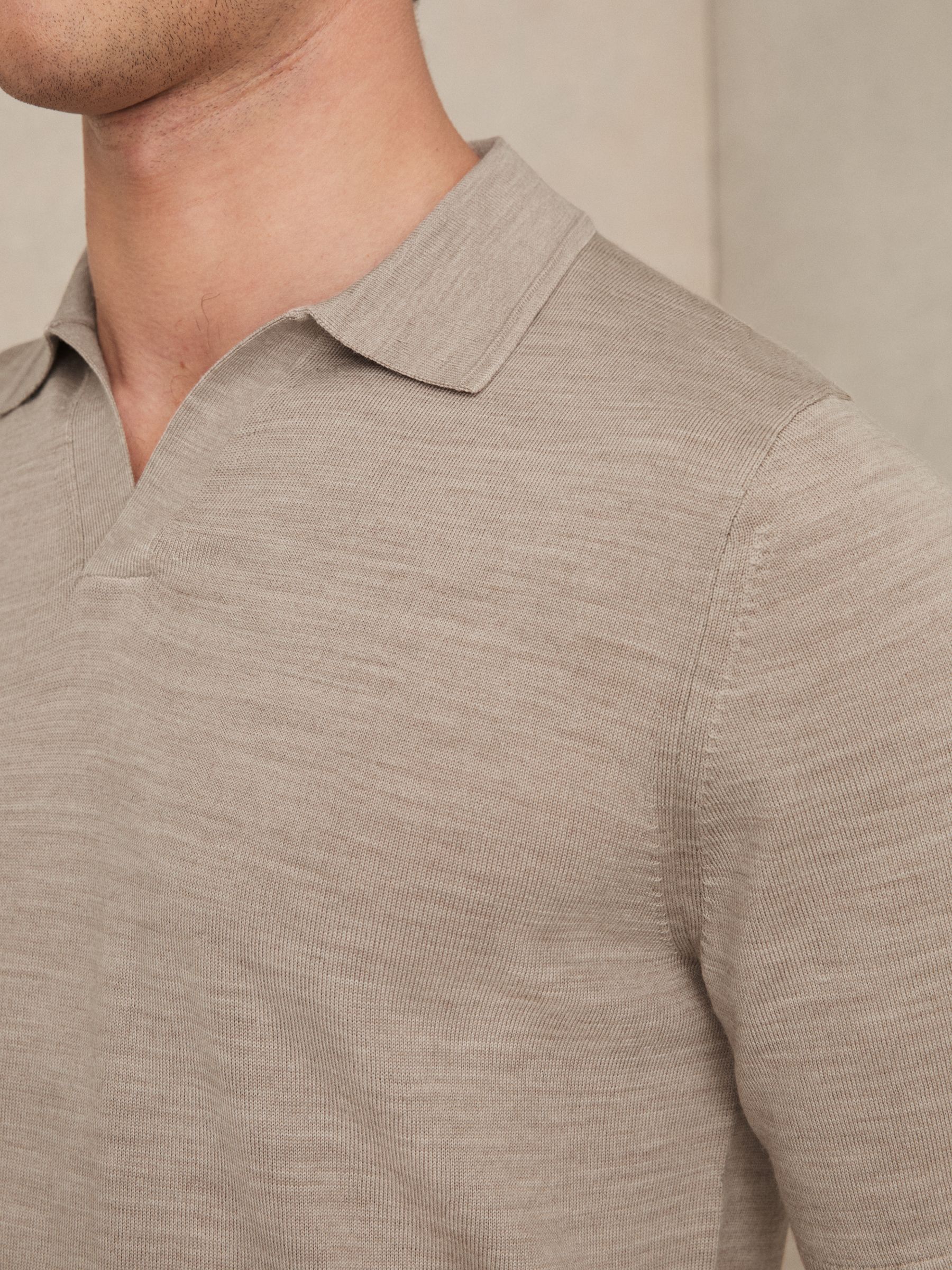 Merino Wool Open Collar Polo Shirt in Wheat Melange - Image 4 of 6