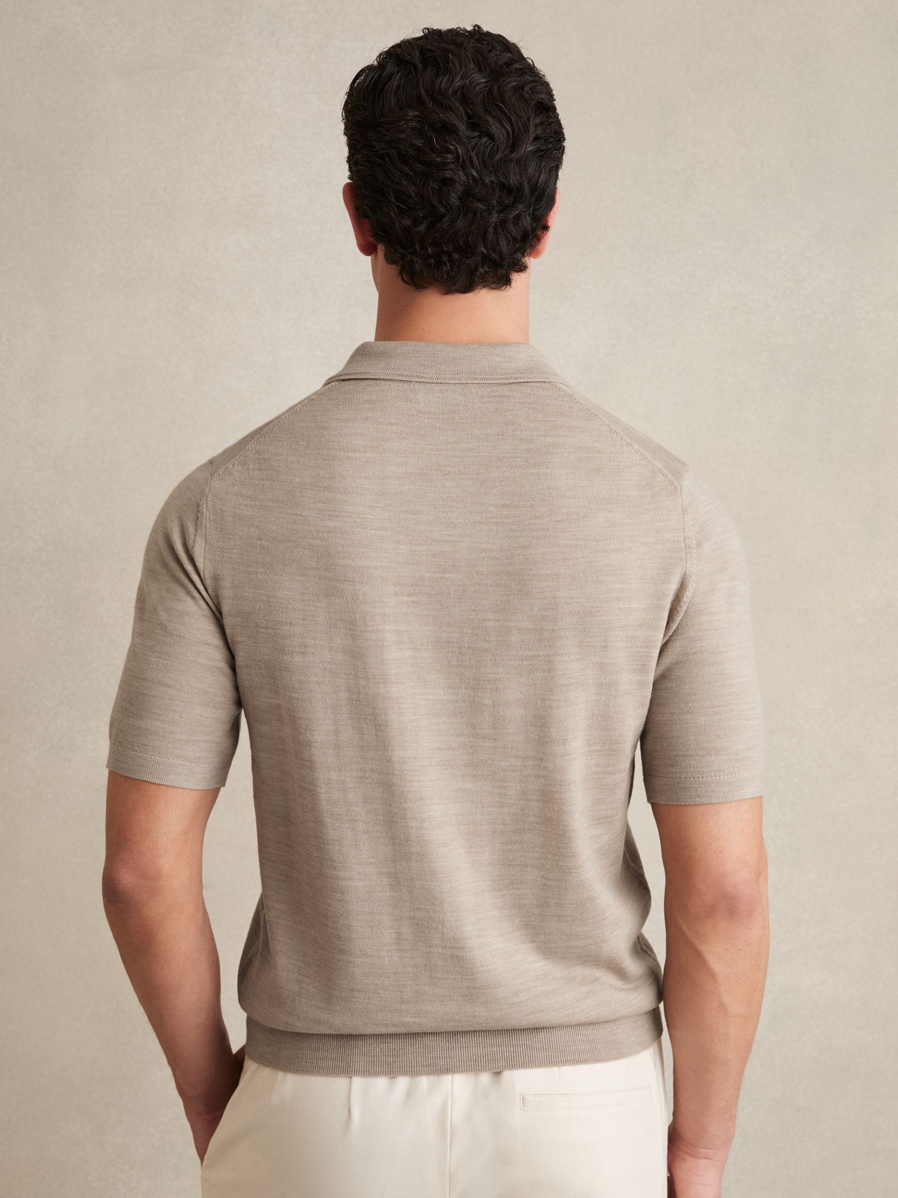 Merino Wool Open Collar Polo Shirt in Wheat Melange - Image 5 of 6