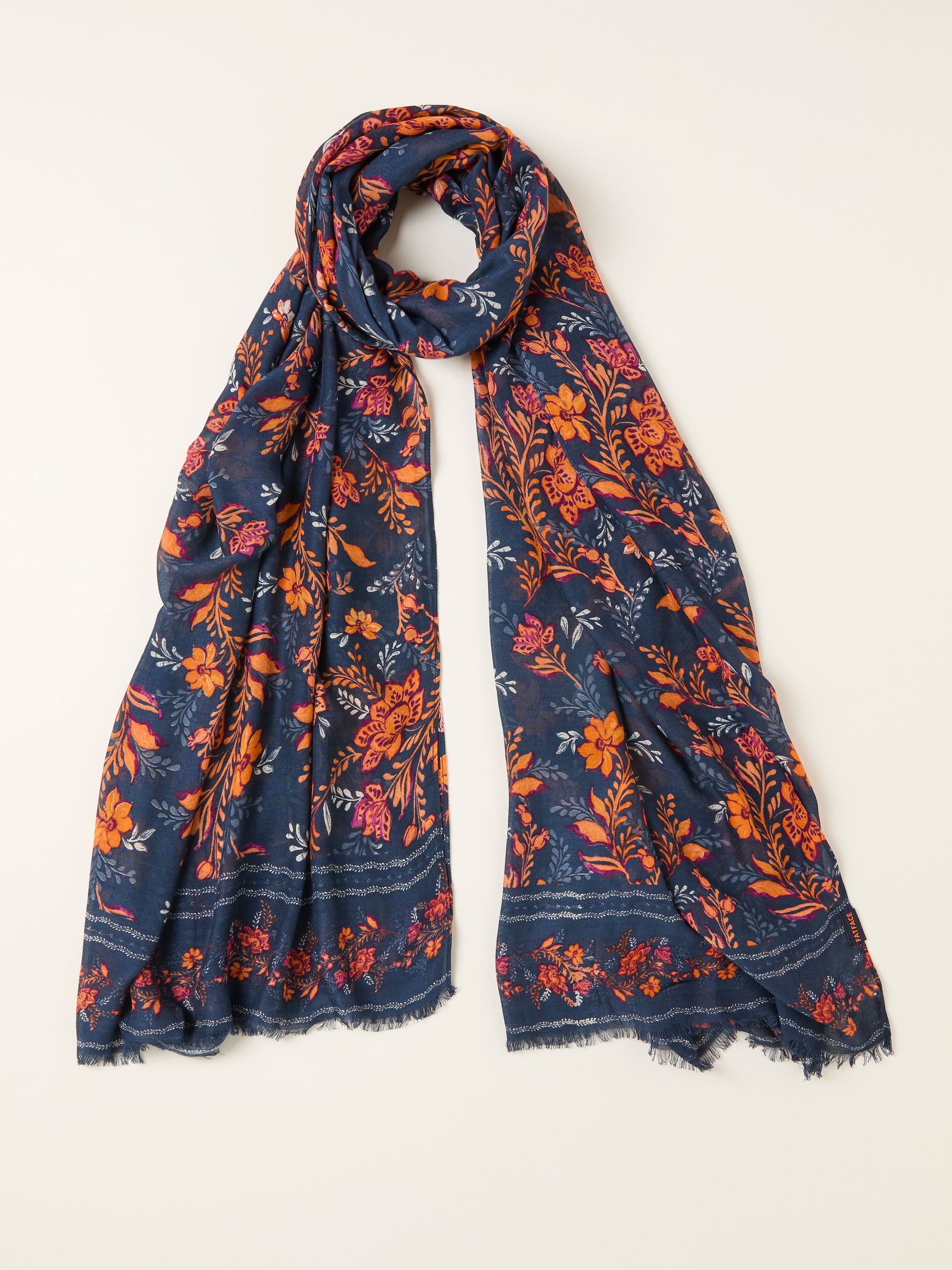 Navy Folk Floral Printed Lightweight Scarf - Image 1 of 2
