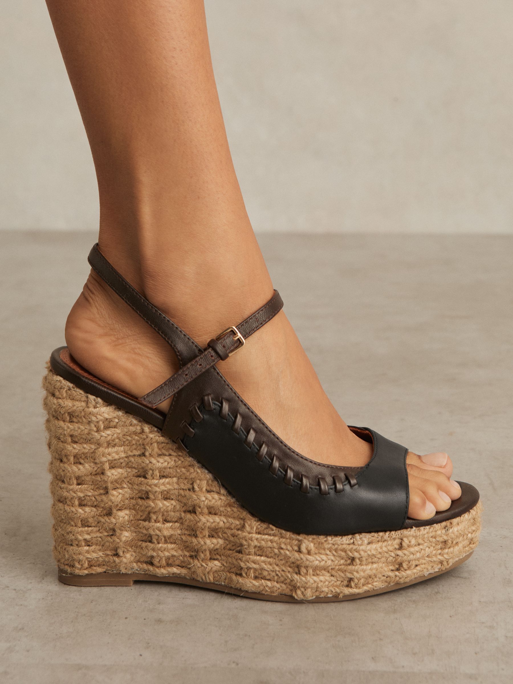 Leather Whipstitch Wedges Sandals in Chocolate/Black - Image 2 of 5