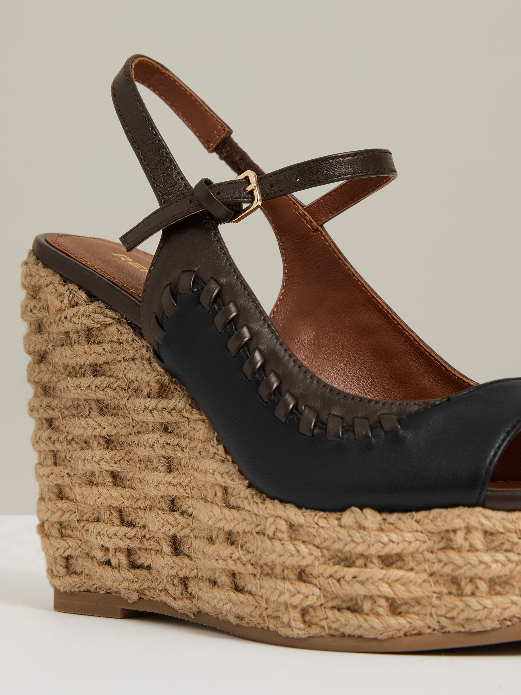 Leather Whipstitch Wedge Sandals in Chocolate/Black - image 4