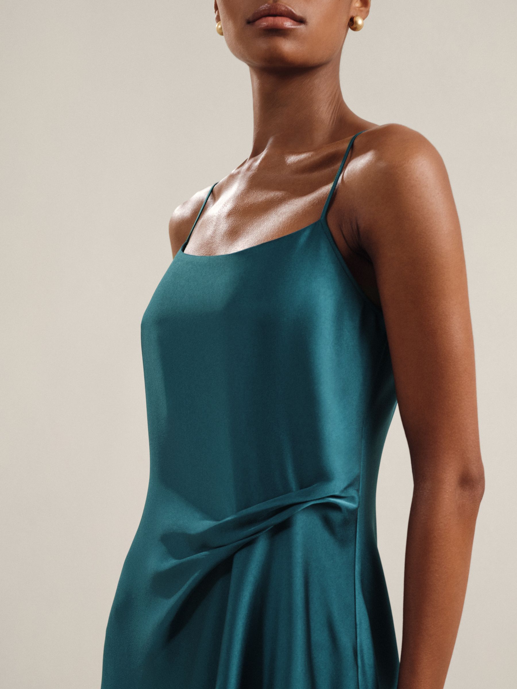 Reiss Petite Satin Drape-Detail Slip Dress in Teal | REISS