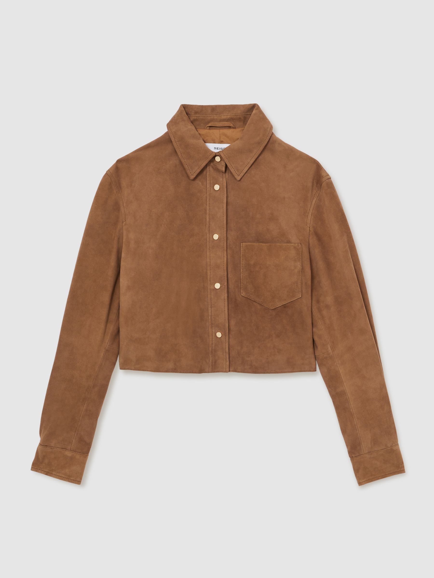 Suede Press-Stud Cropped Shirt in Tan - Image 2 of 6
