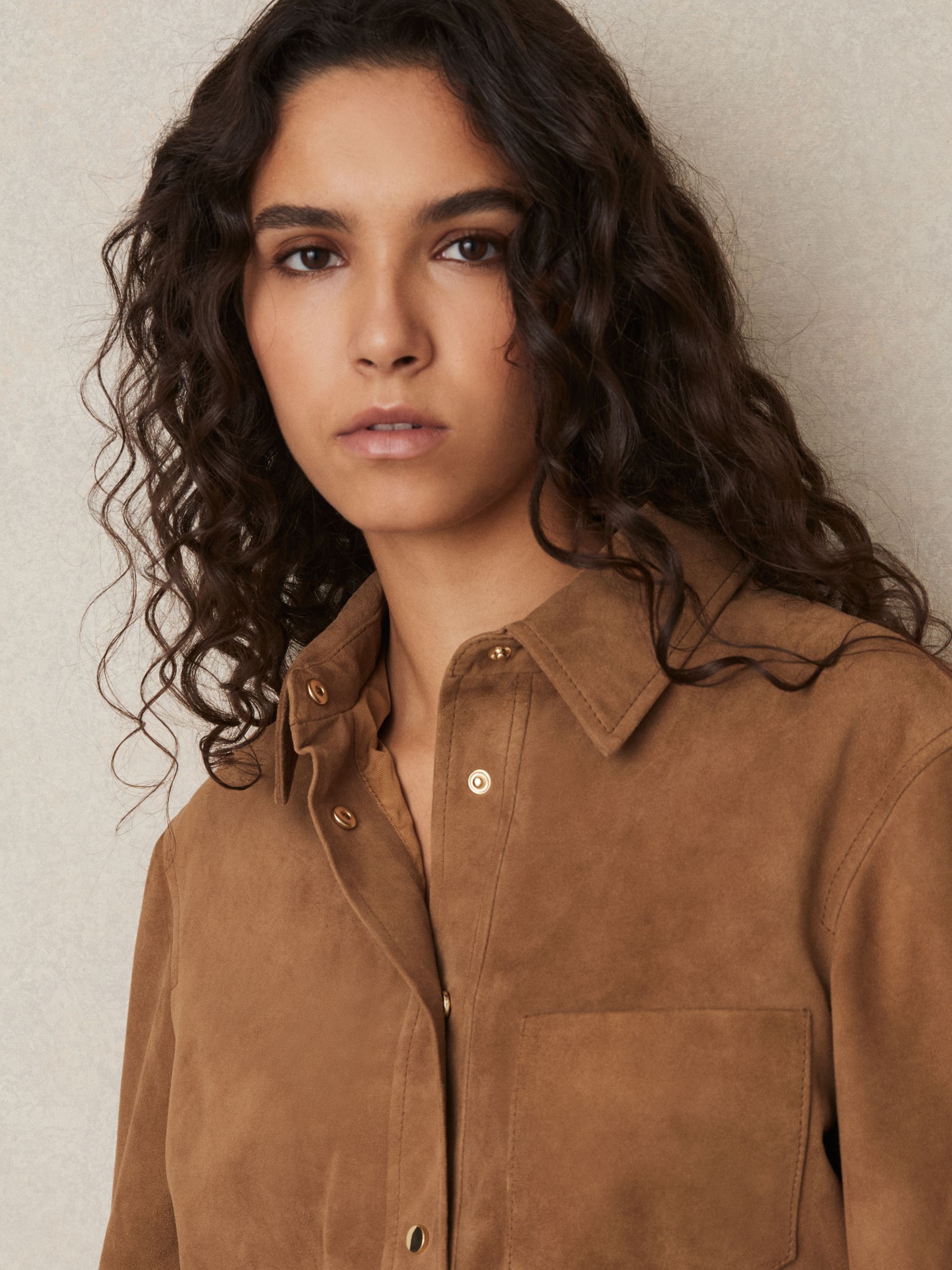 Suede Press-Stud Cropped Shirt in Tan - Image 3 of 6