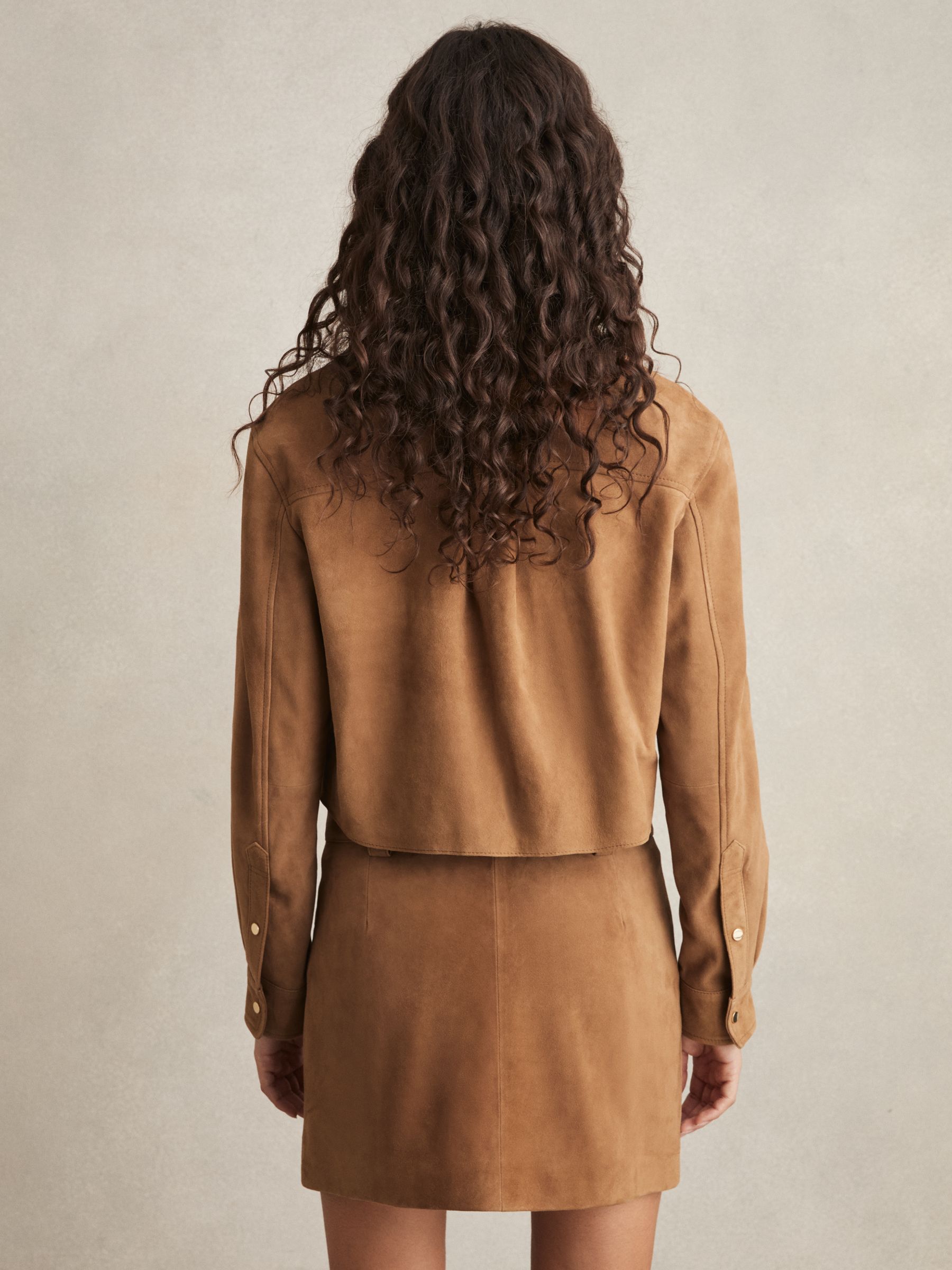 Suede Press-Stud Cropped Shirt in Tan - Image 4 of 6