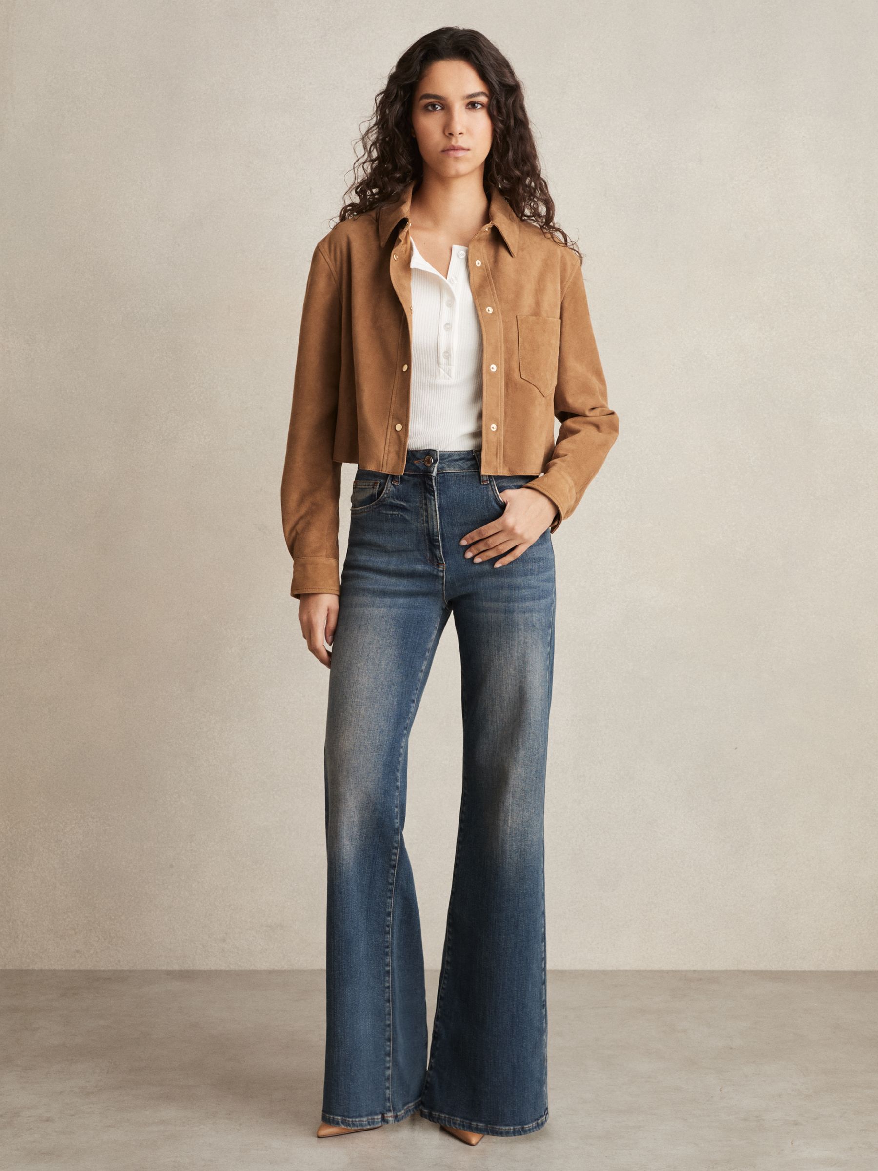 Suede Press-Stud Cropped Shirt in Tan - Image 5 of 6