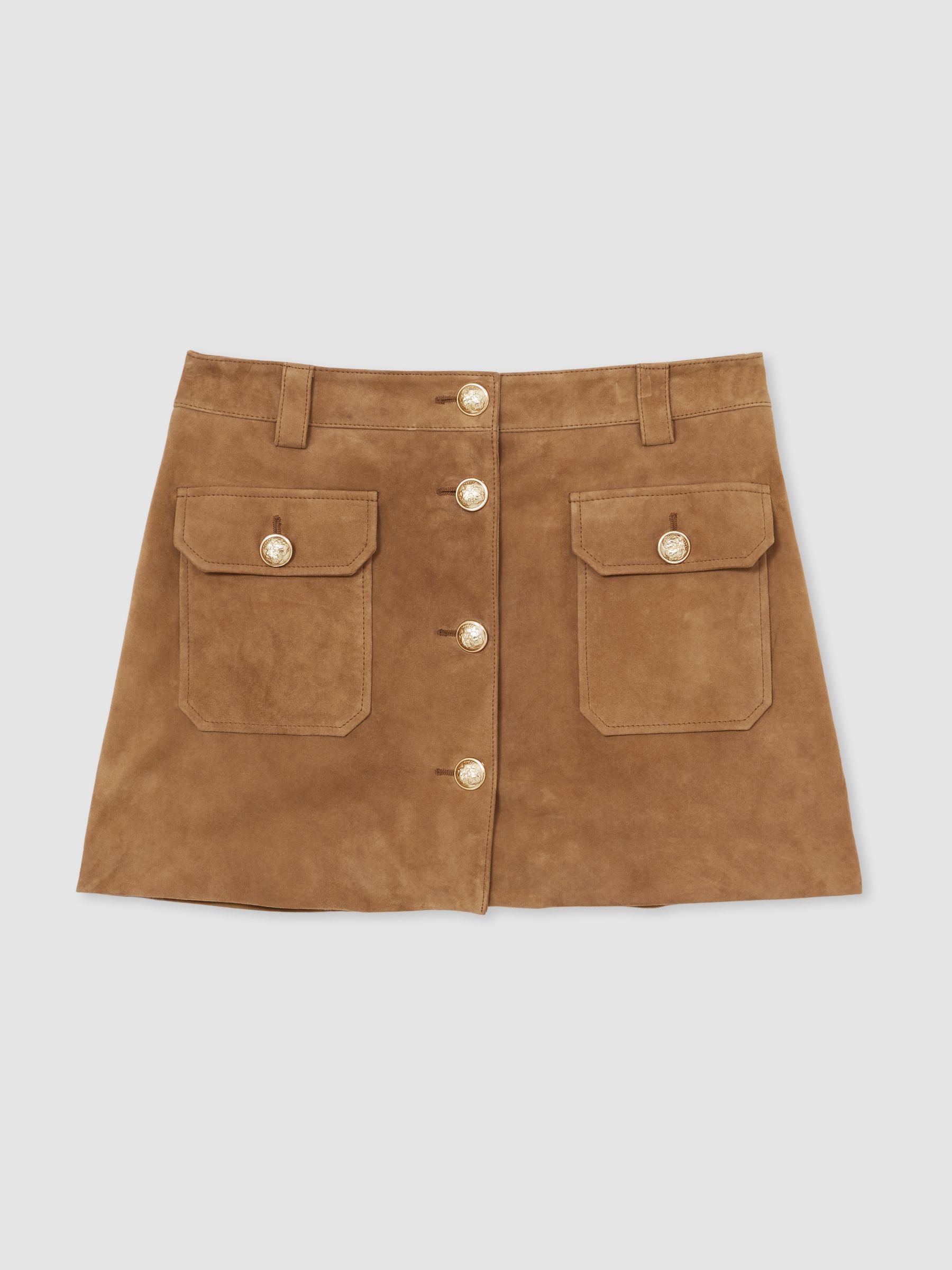 Suede Button-Through Mini Skirt in Tan - Image 2 of 7