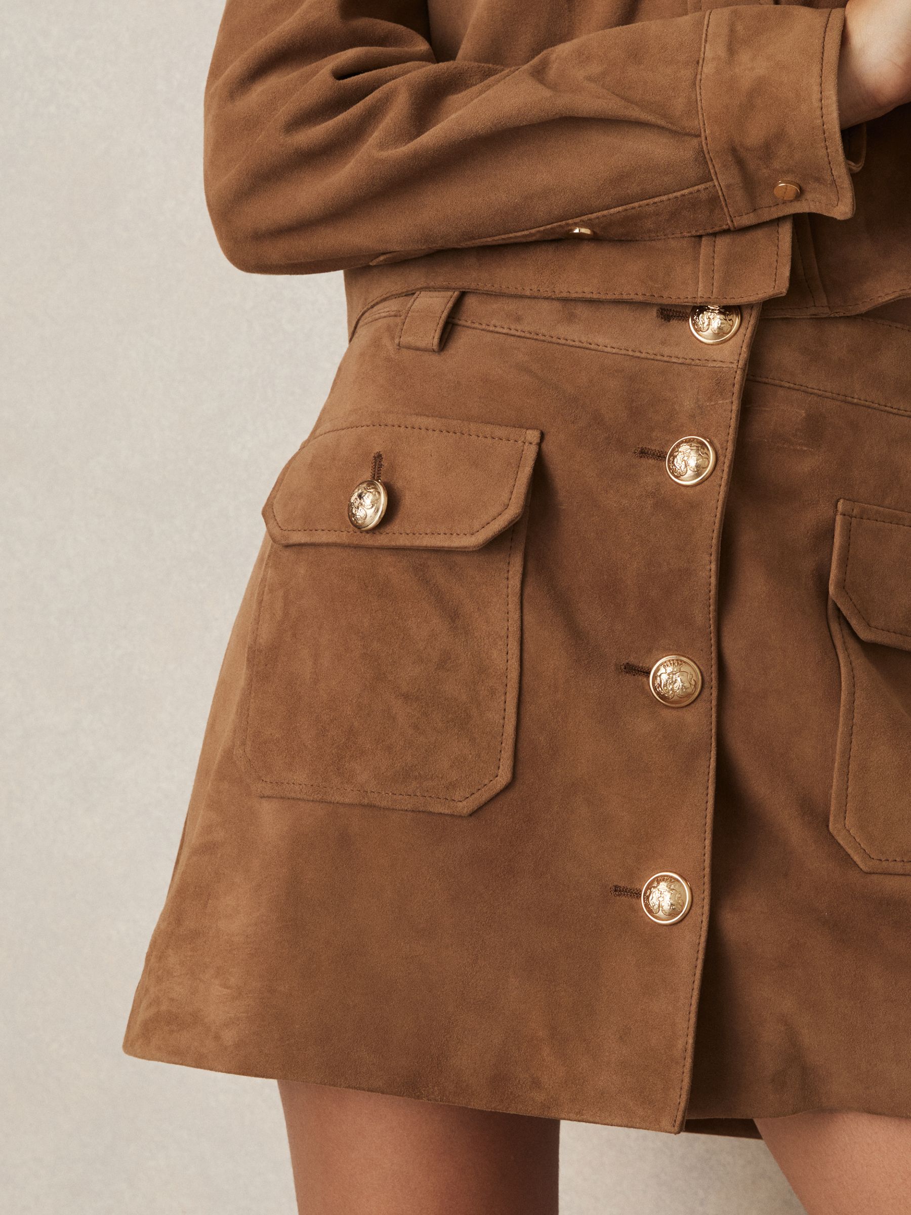 Suede Button-Through Mini Skirt in Tan - Image 4 of 7