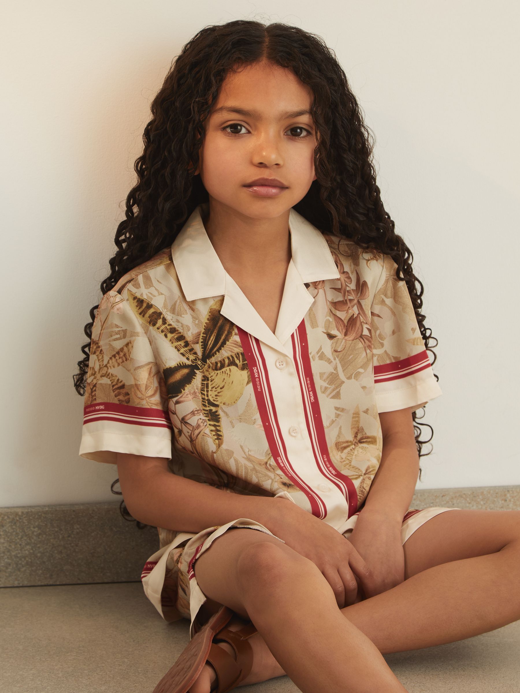 13-14 yrs Reiss | NYBG Satin Floral-Print Shirt in Khaki - Image 6 of 7