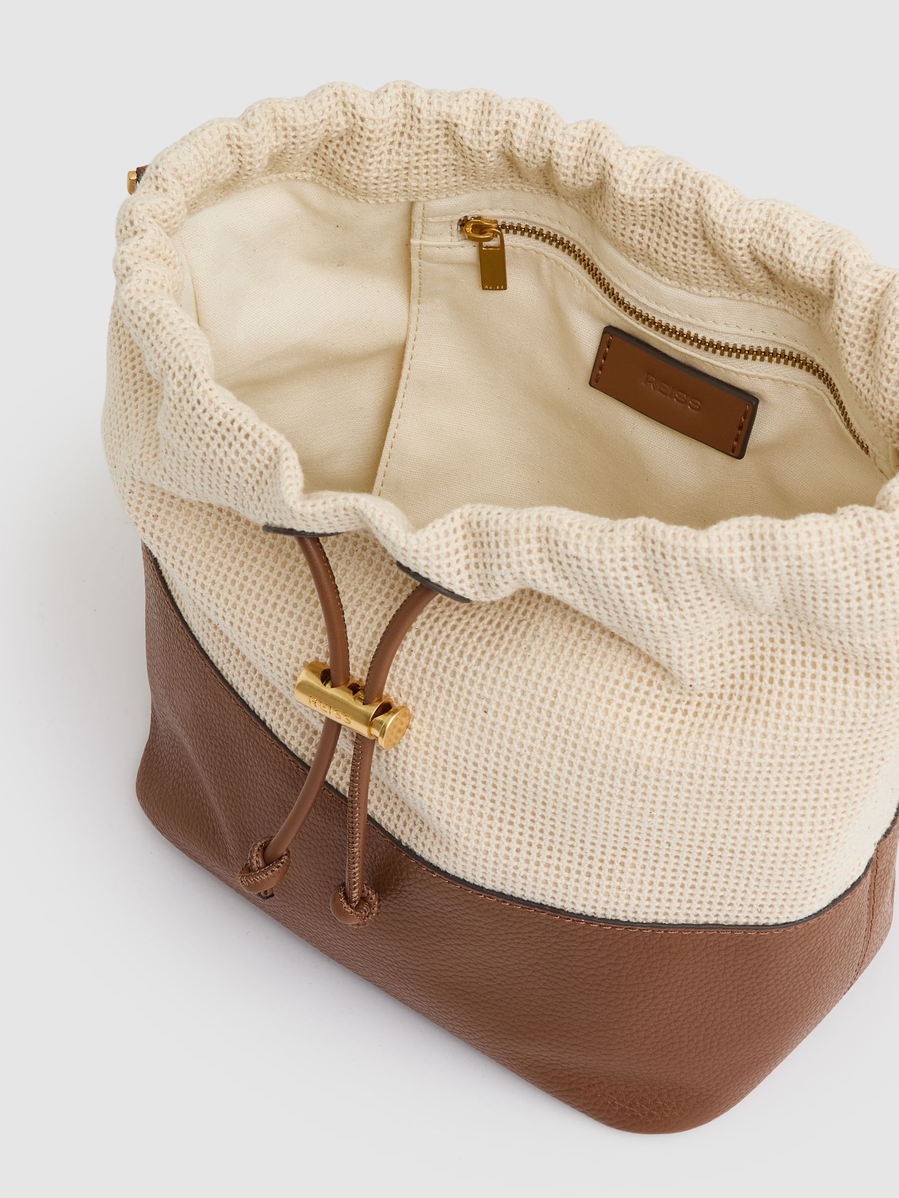 Leather And Canvas Bucket Bag in Neutral - Image 3 of 5