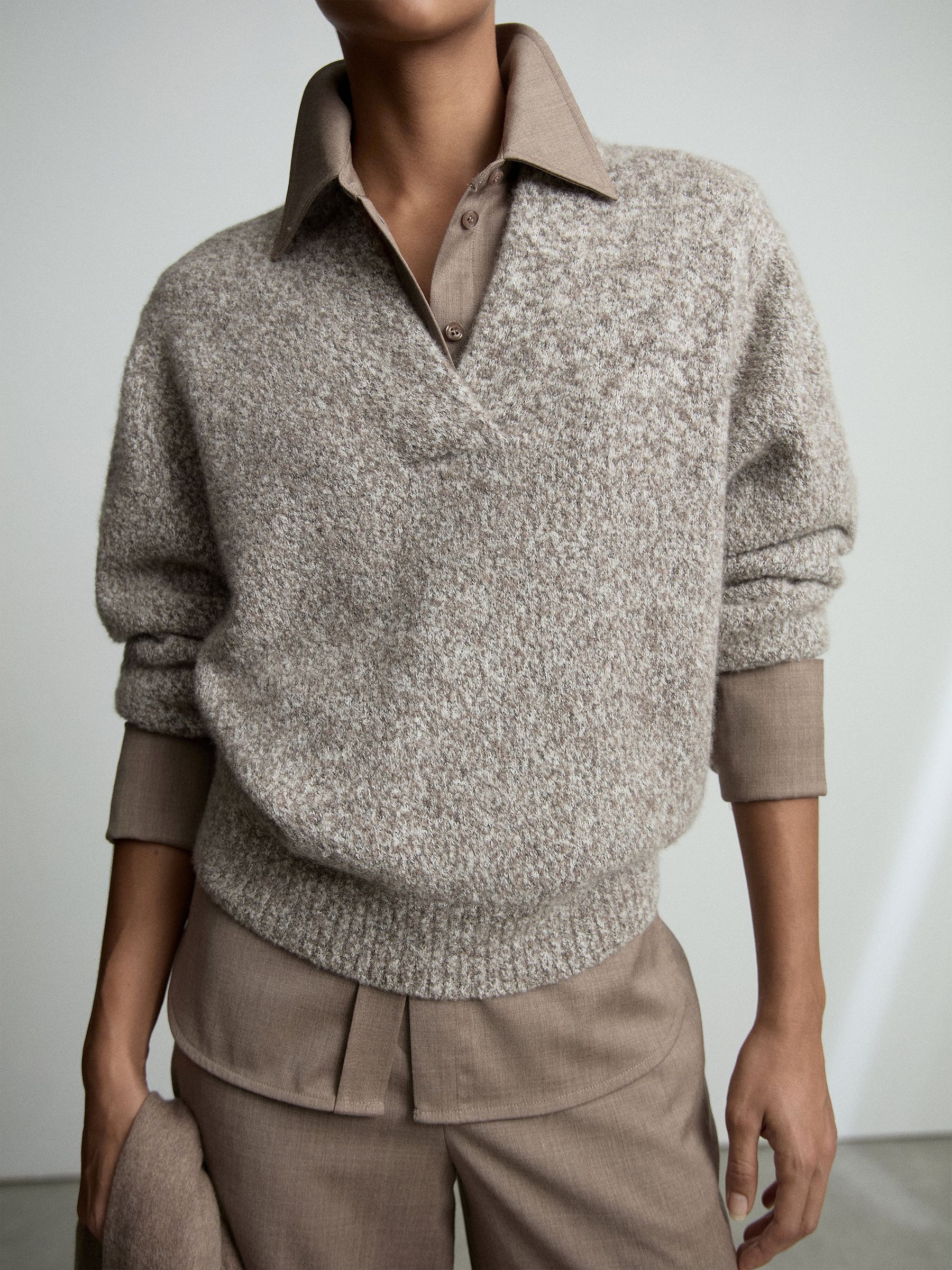 Cashmere-Blend Bouclé V-Neck Jumper in Neutral - Image 1 of 9