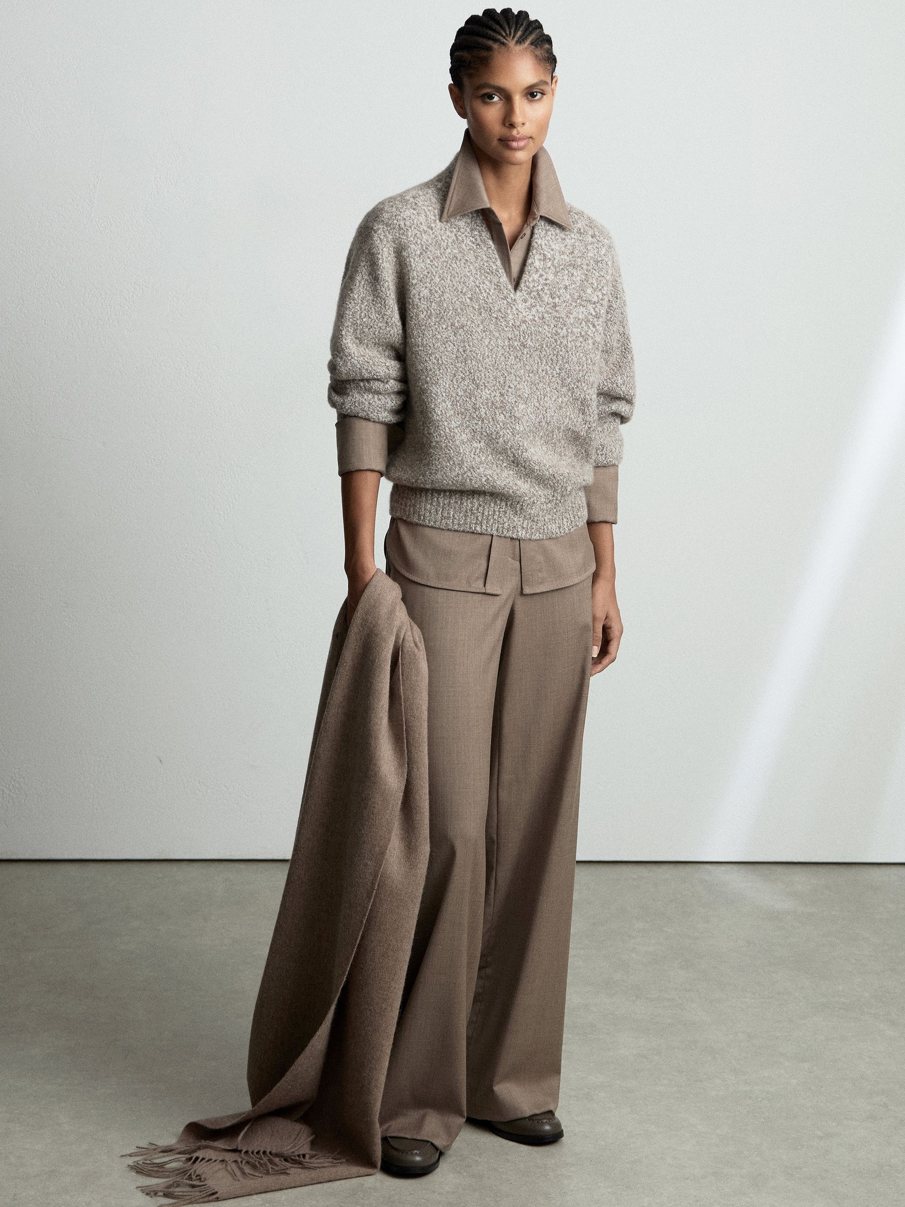 Cashmere-Blend Bouclé V-Neck Jumper in Neutral - Image 4 of 9
