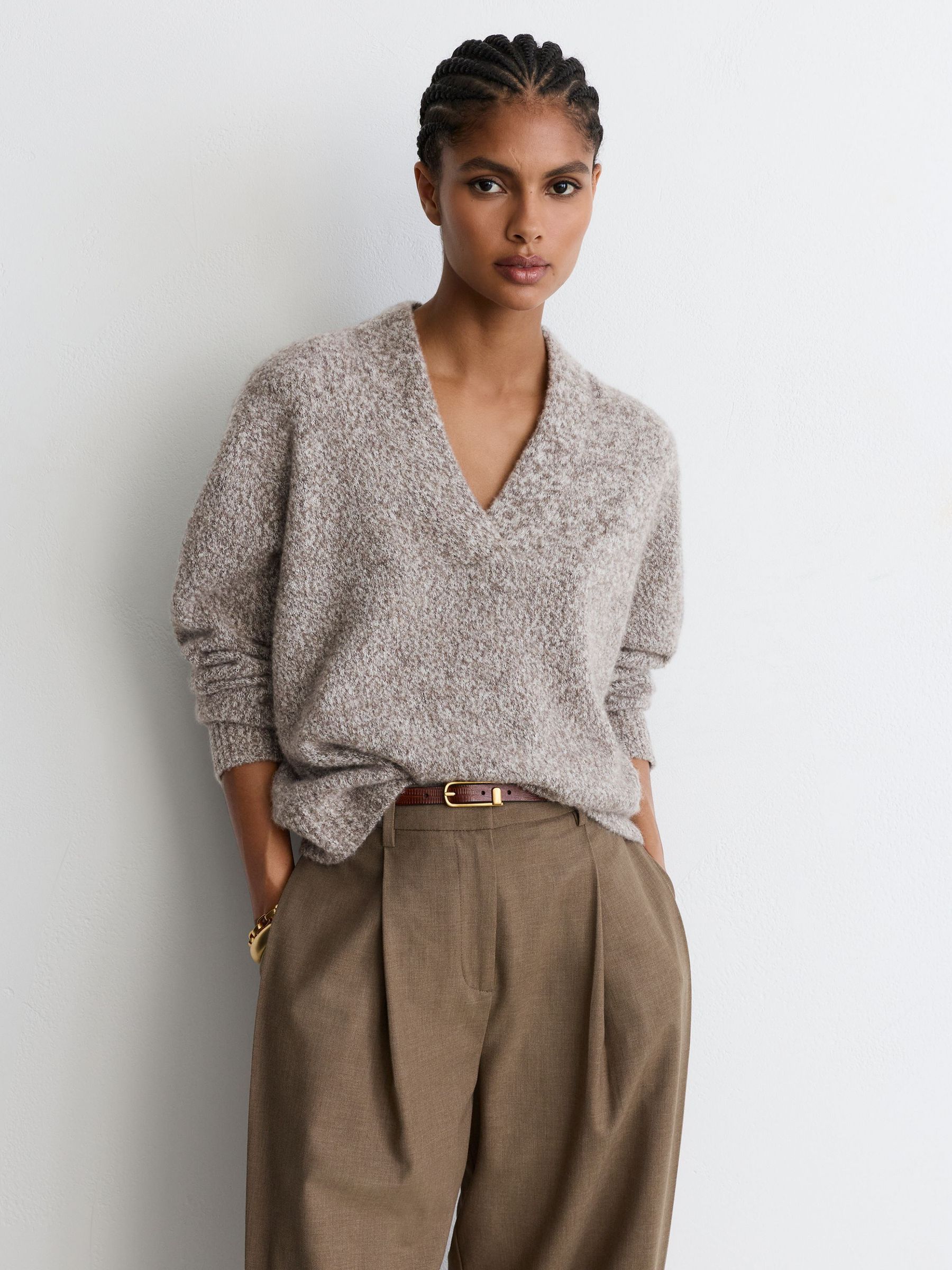Cashmere-Blend Bouclé V-Neck Jumper in Neutral - Image 5 of 9