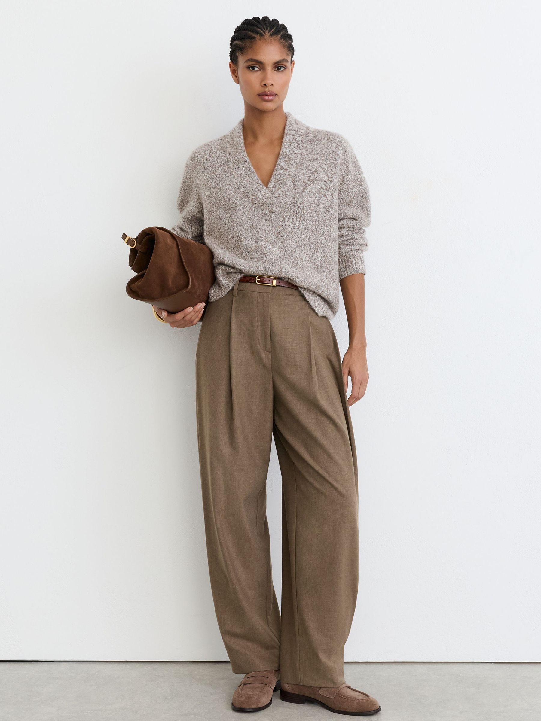 Cashmere-Blend Bouclé V-Neck Jumper in Neutral - Image 6 of 9