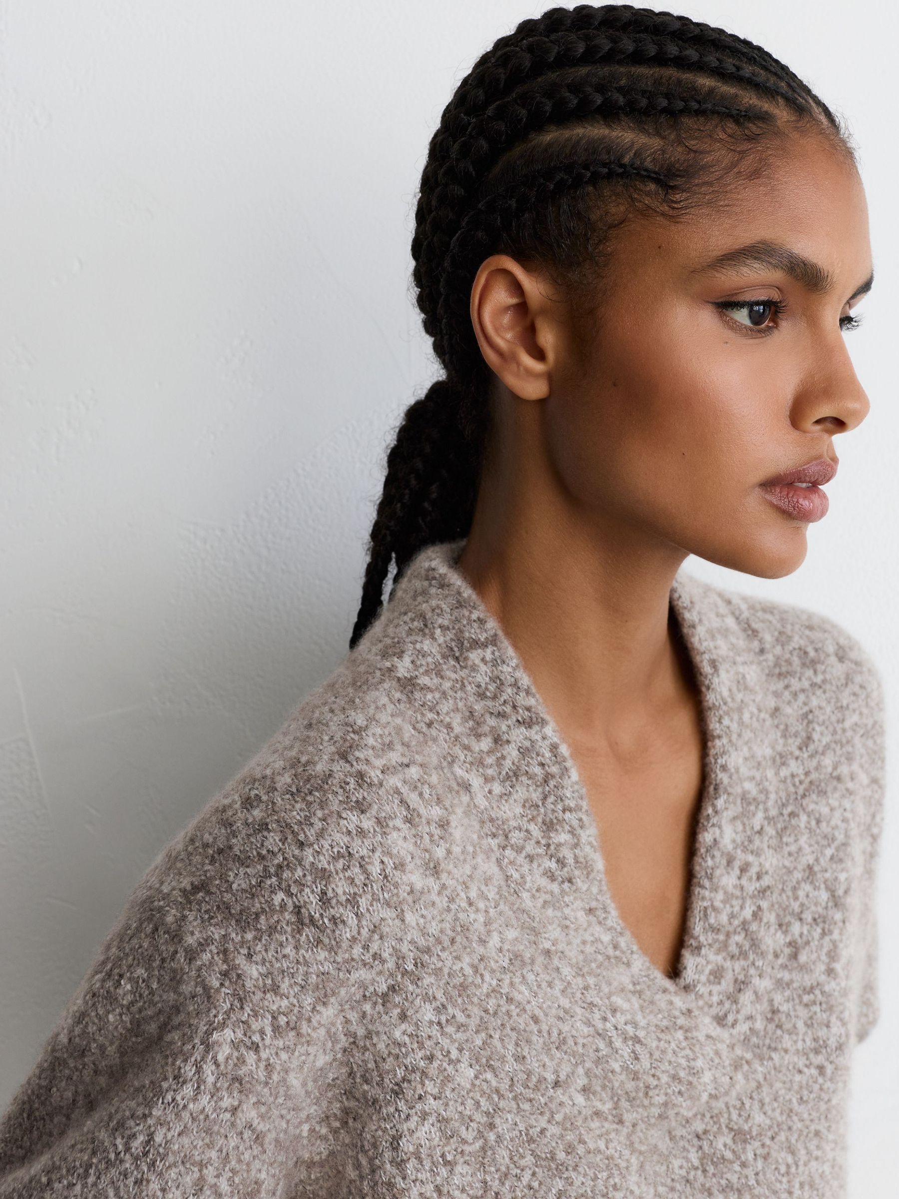 Cashmere-Blend Bouclé V-Neck Jumper in Neutral - Image 7 of 9