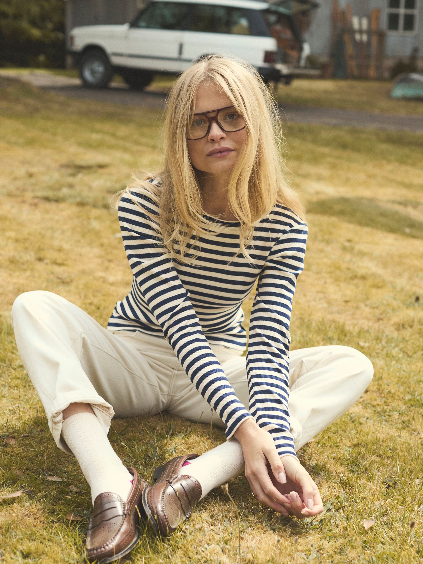 Sophie Navy/Sand Long Sleeve Striped Ribbed Fitted Top - Image 2 of 10