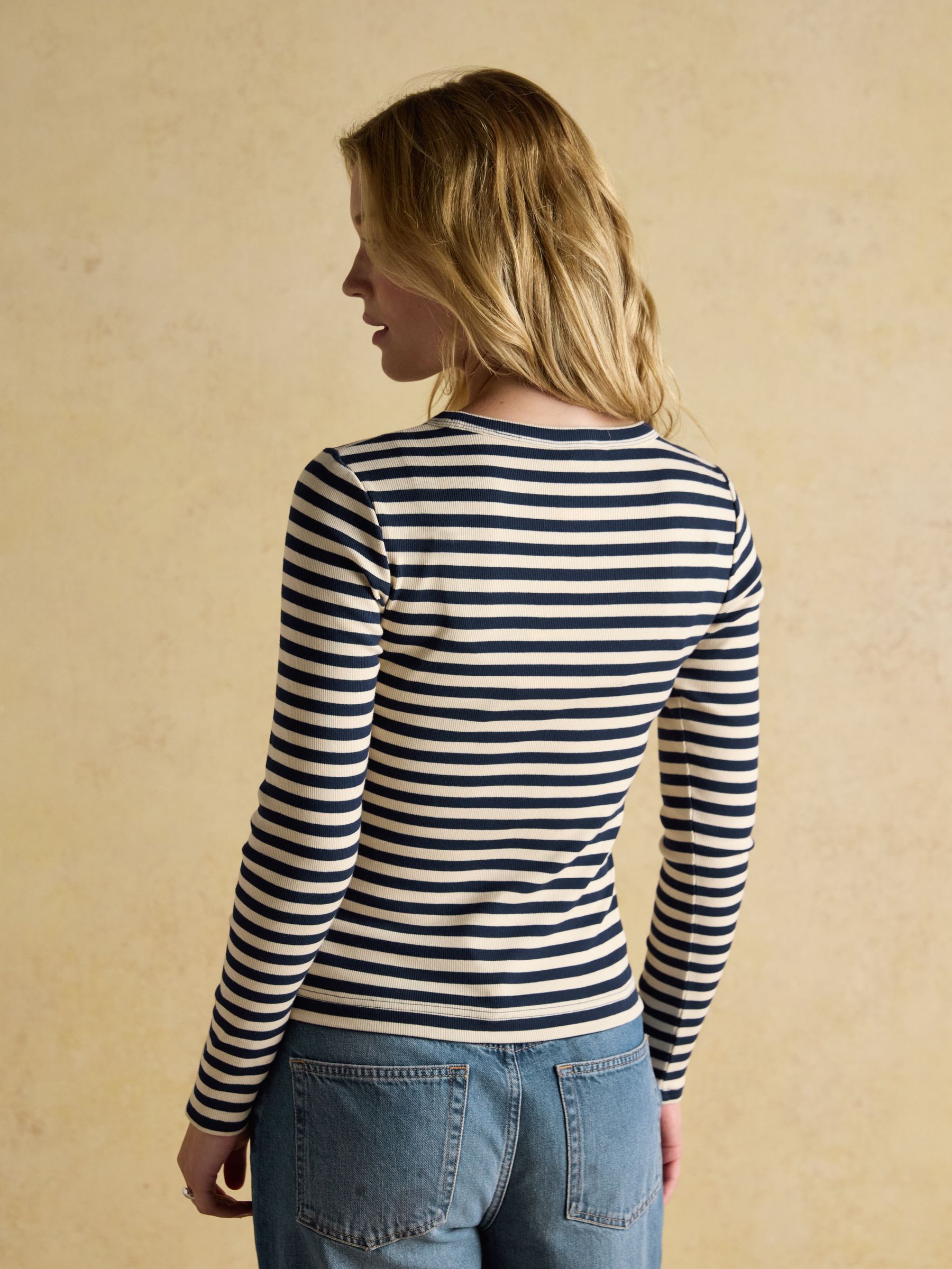 Sophie Navy/Sand Long Sleeve Striped Ribbed Fitted Top - Image 4 of 10