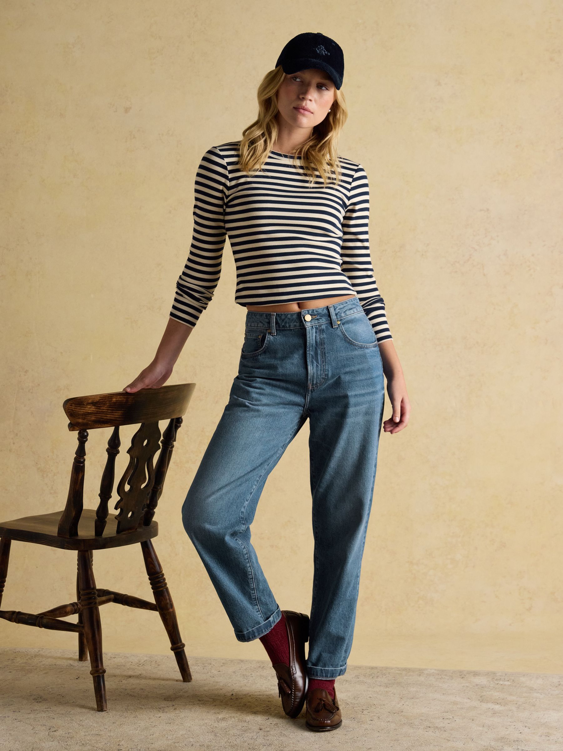 Sophie Navy/Sand Long Sleeve Striped Ribbed Fitted Top - Image 5 of 10