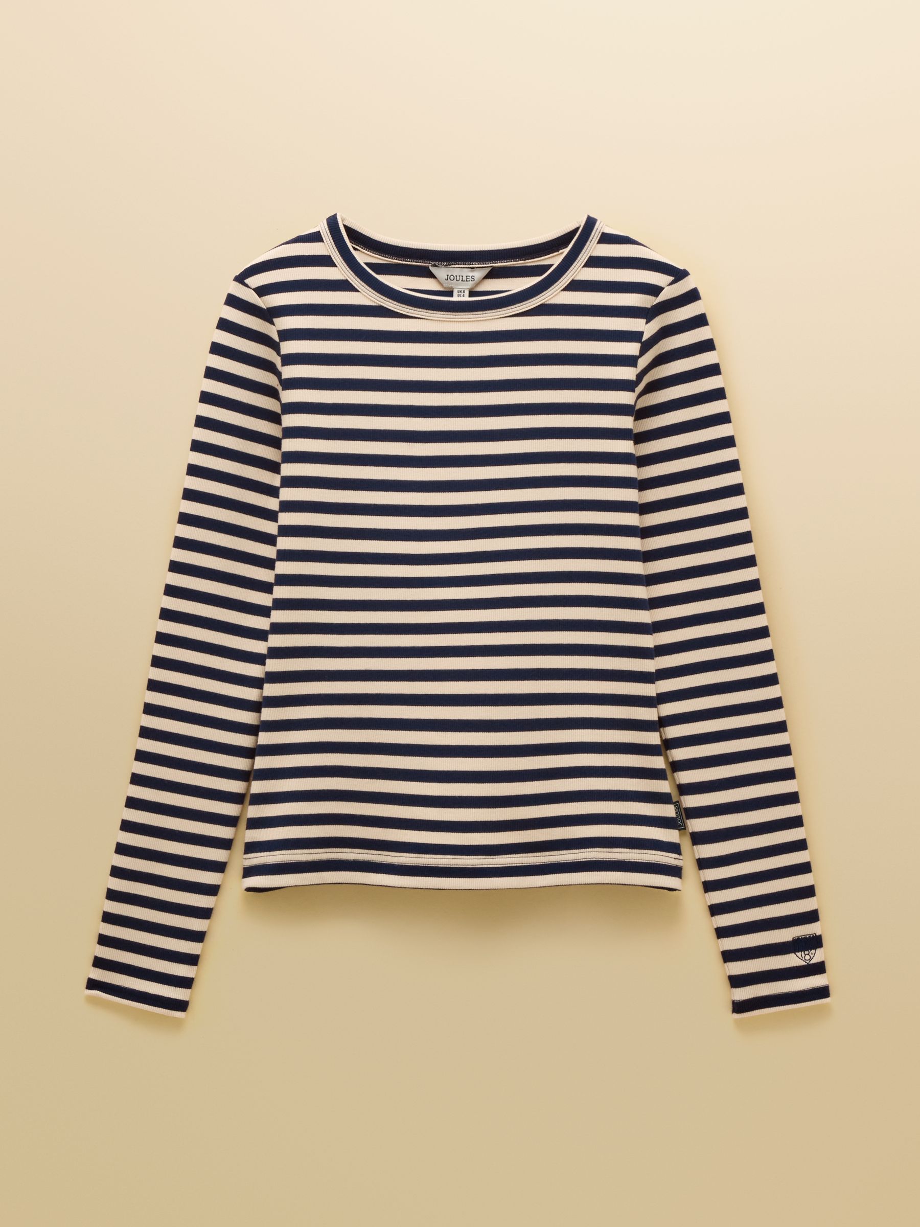 Sophie Navy/Sand Long Sleeve Striped Ribbed Fitted Top | Joules