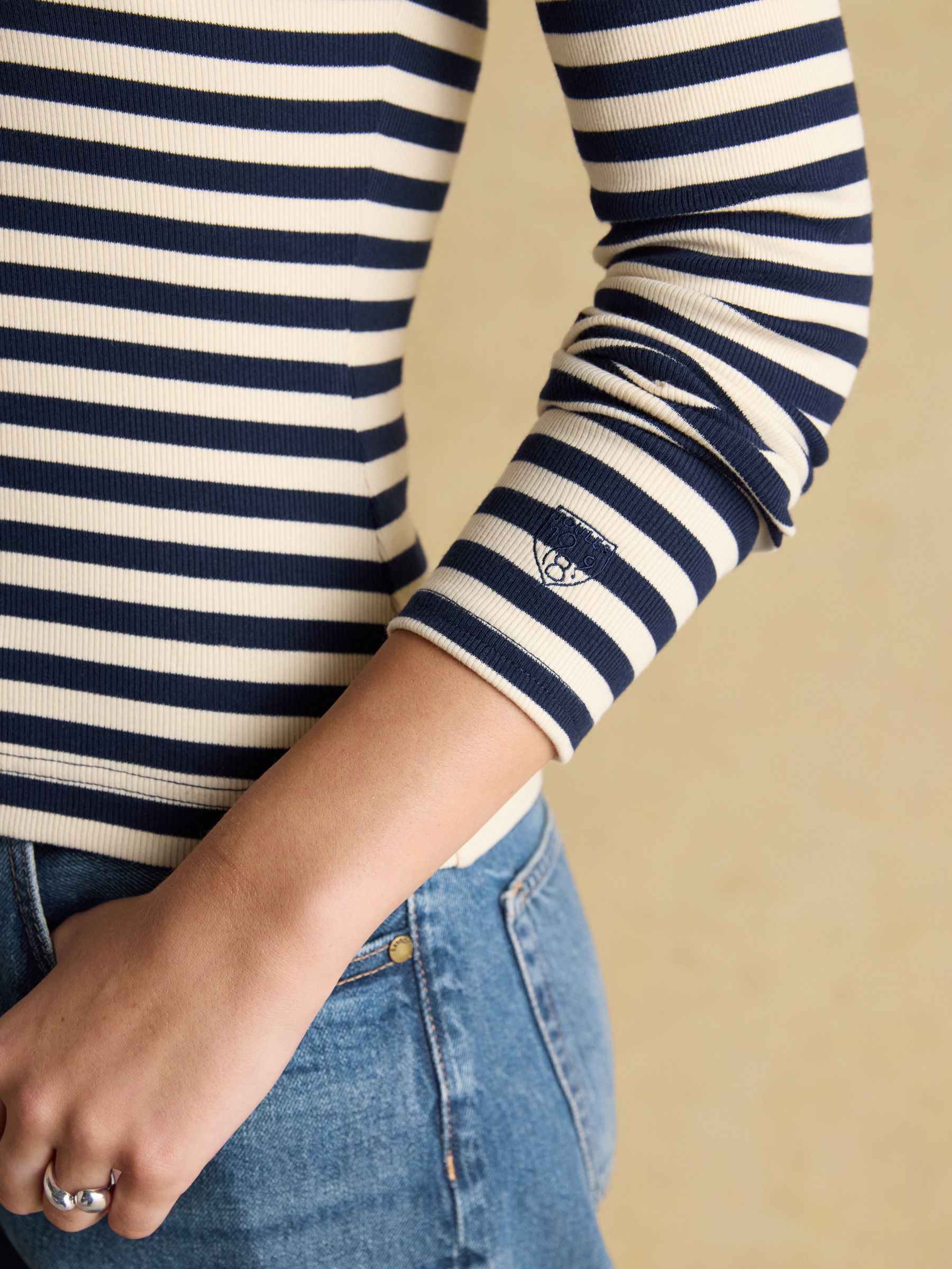 Sophie Navy/Sand Long Sleeve Striped Ribbed Fitted Top - Image 9 of 10