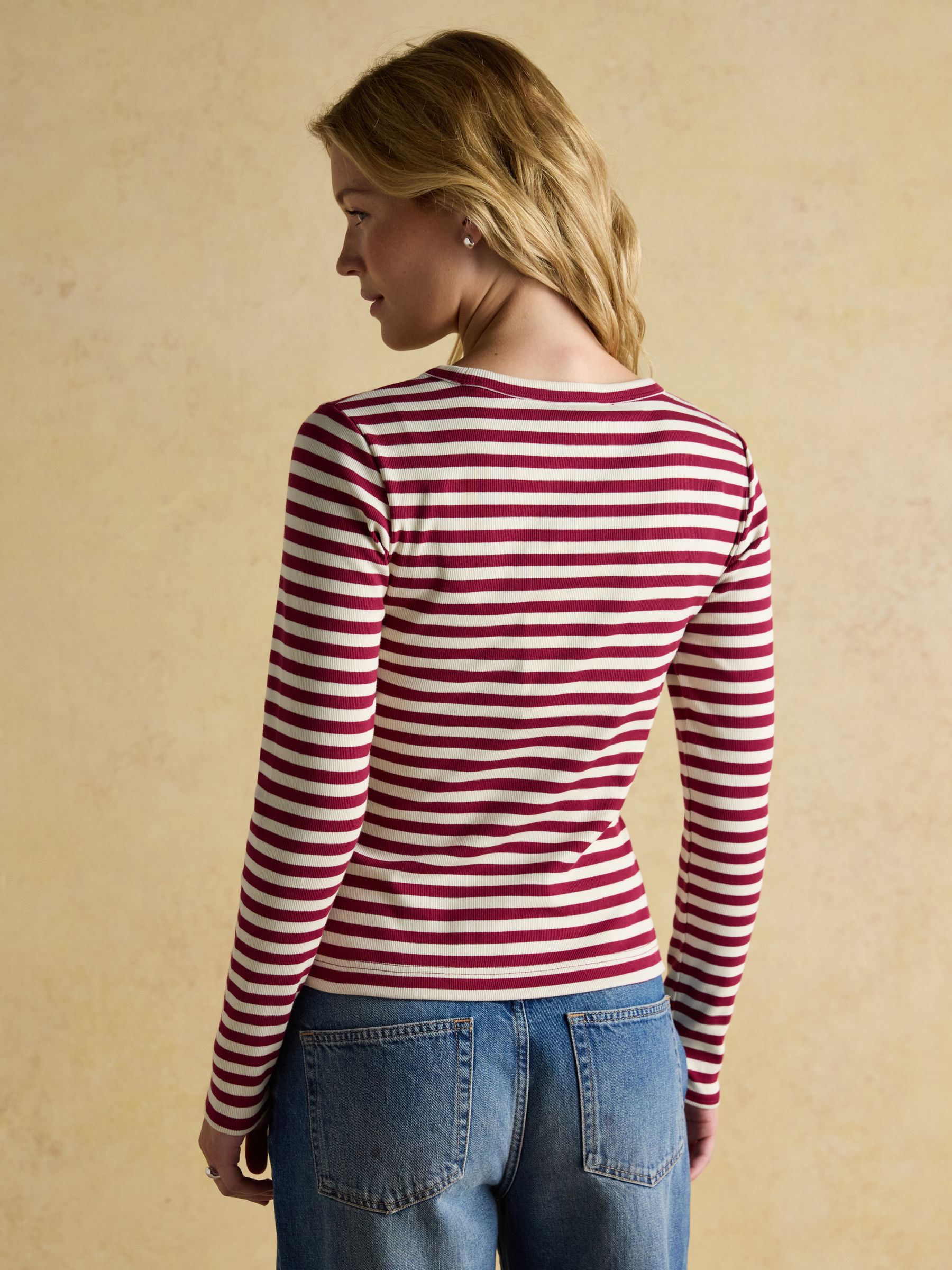 Sophie Burgundy Red/Cream Long Sleeve Striped Ribbed Fitted Top - Image 2 of 9
