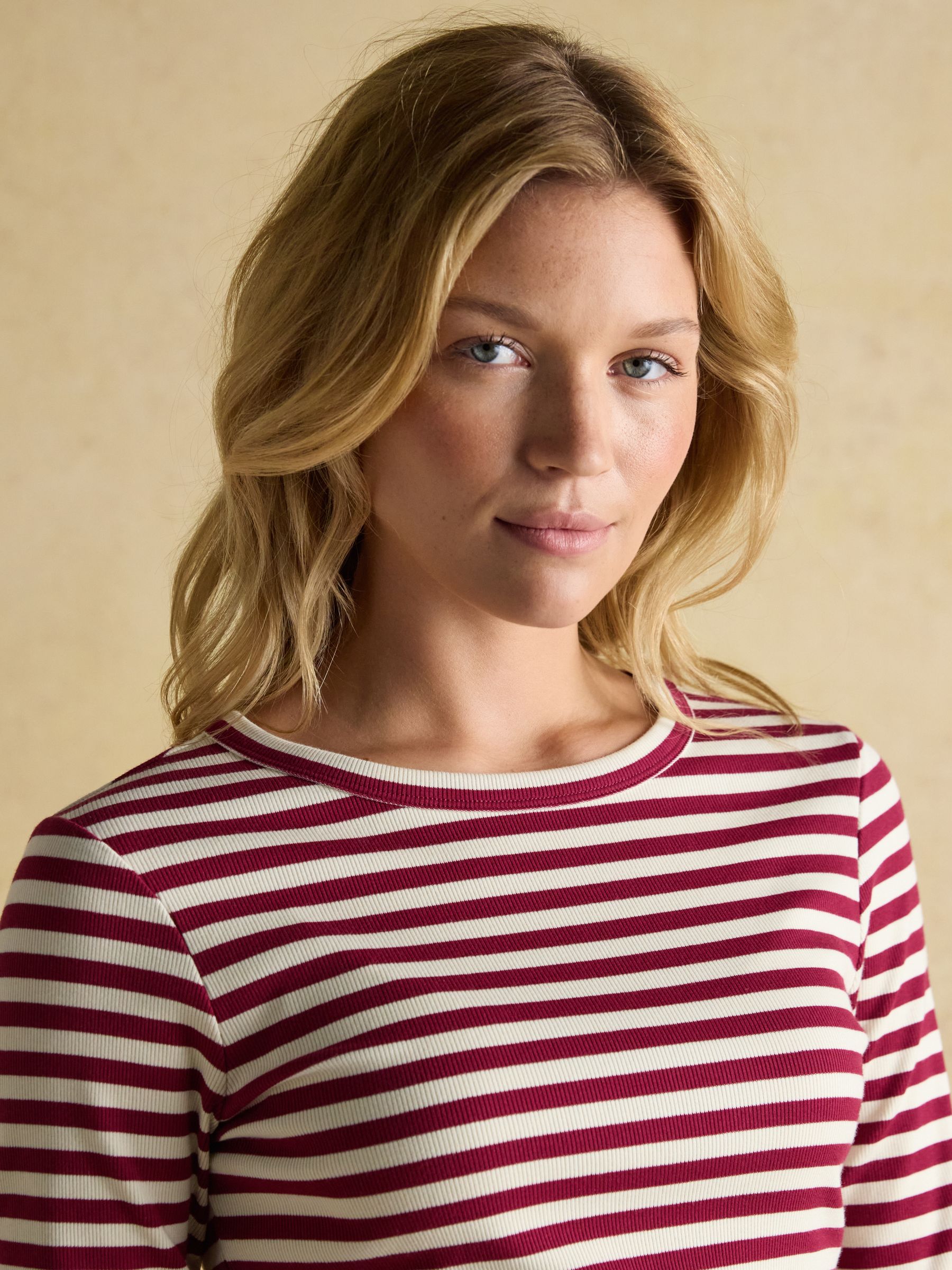 Sophie Burgundy Red/Cream Long Sleeve Striped Ribbed Fitted Top - Image 3 of 9