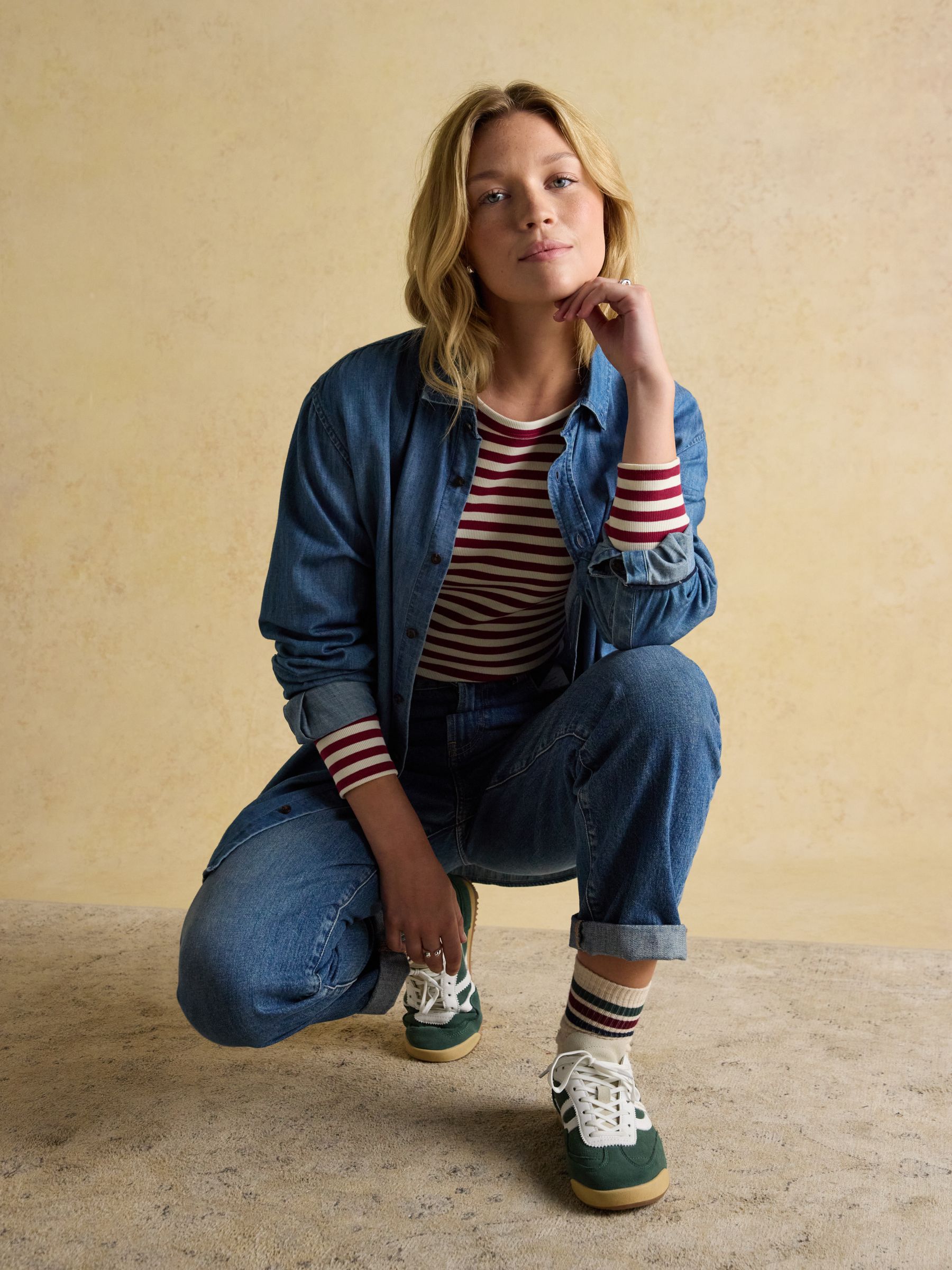 Sophie Burgundy Red/Cream Long Sleeve Striped Ribbed Fitted Top - Image 4 of 9