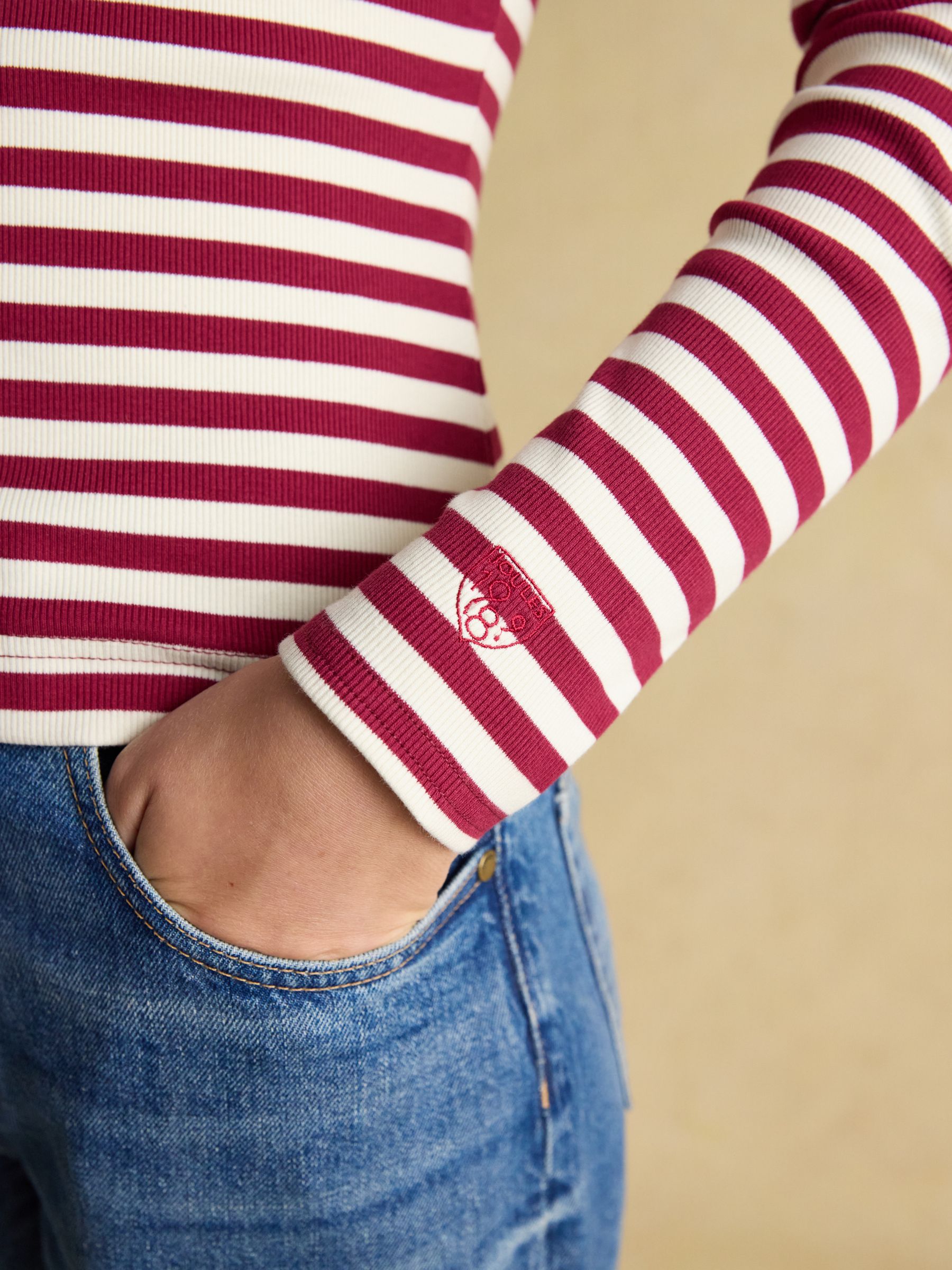 Sophie Burgundy Red/Cream Long Sleeve Striped Ribbed Fitted Top - Image 5 of 9