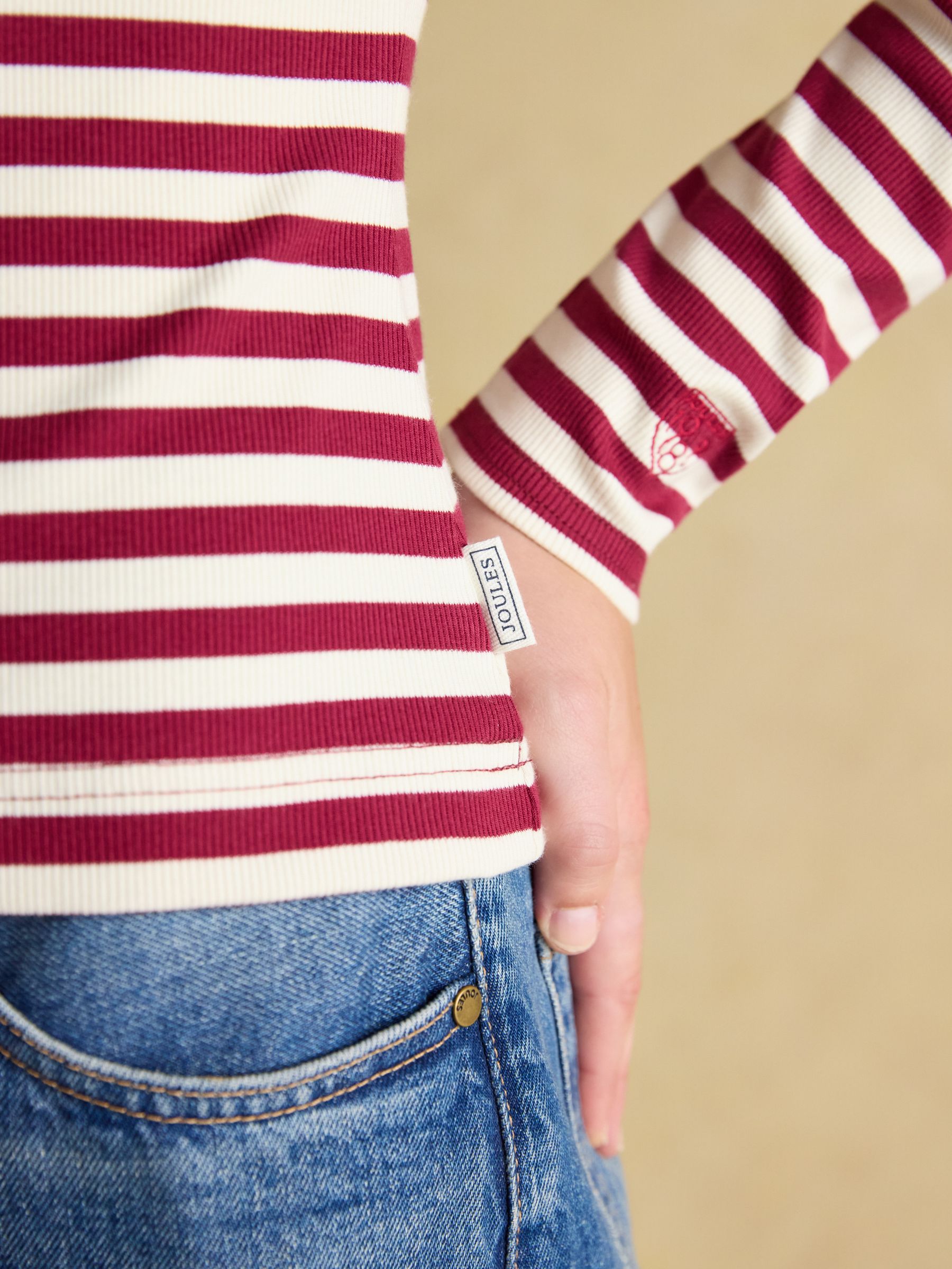 Sophie Burgundy Red/Cream Long Sleeve Striped Ribbed Fitted Top - Image 7 of 9