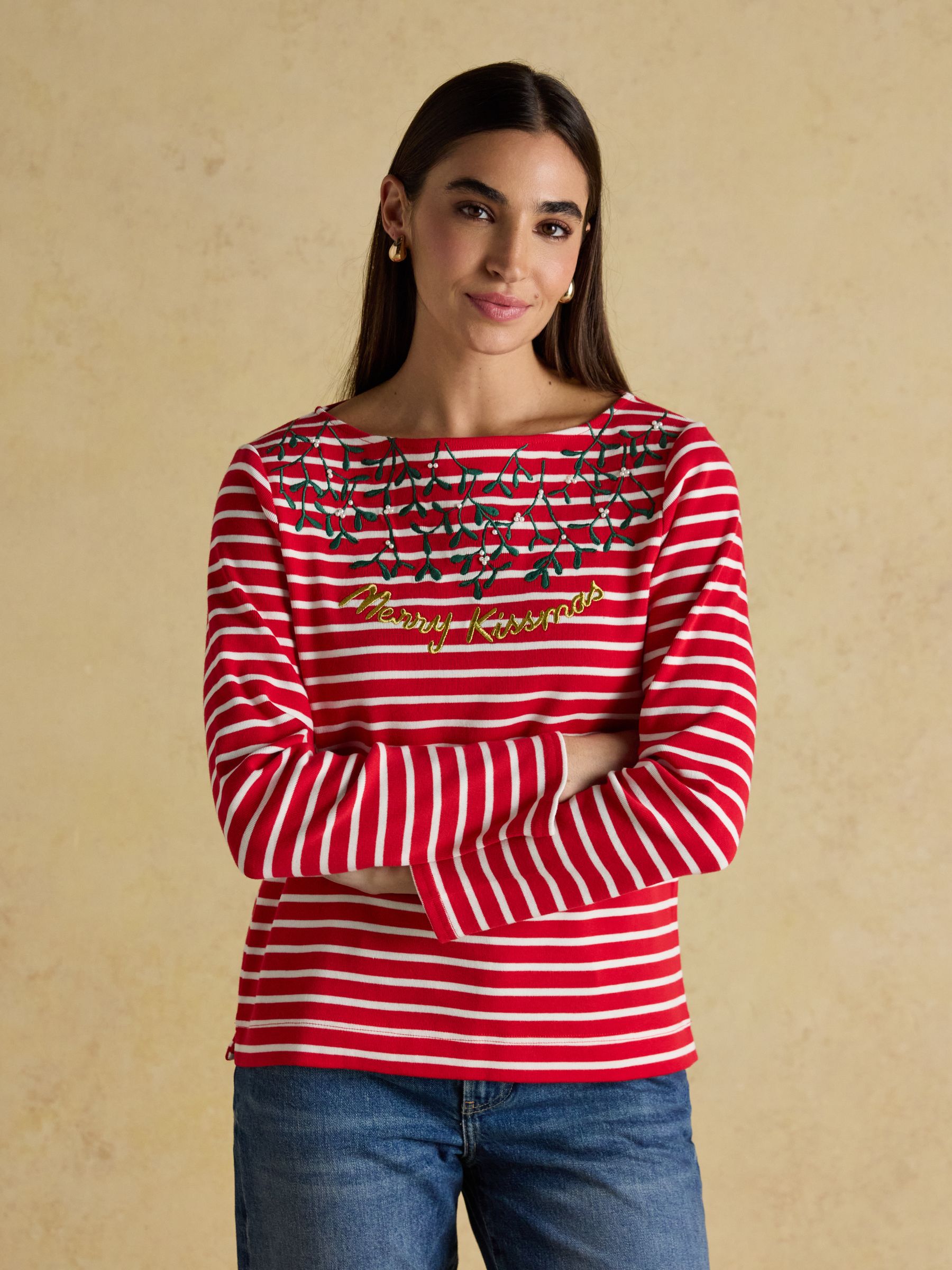 Christmas Harbour Merry Kissmas Red/Cream Boat Neck Breton Top - Image 1 of 6