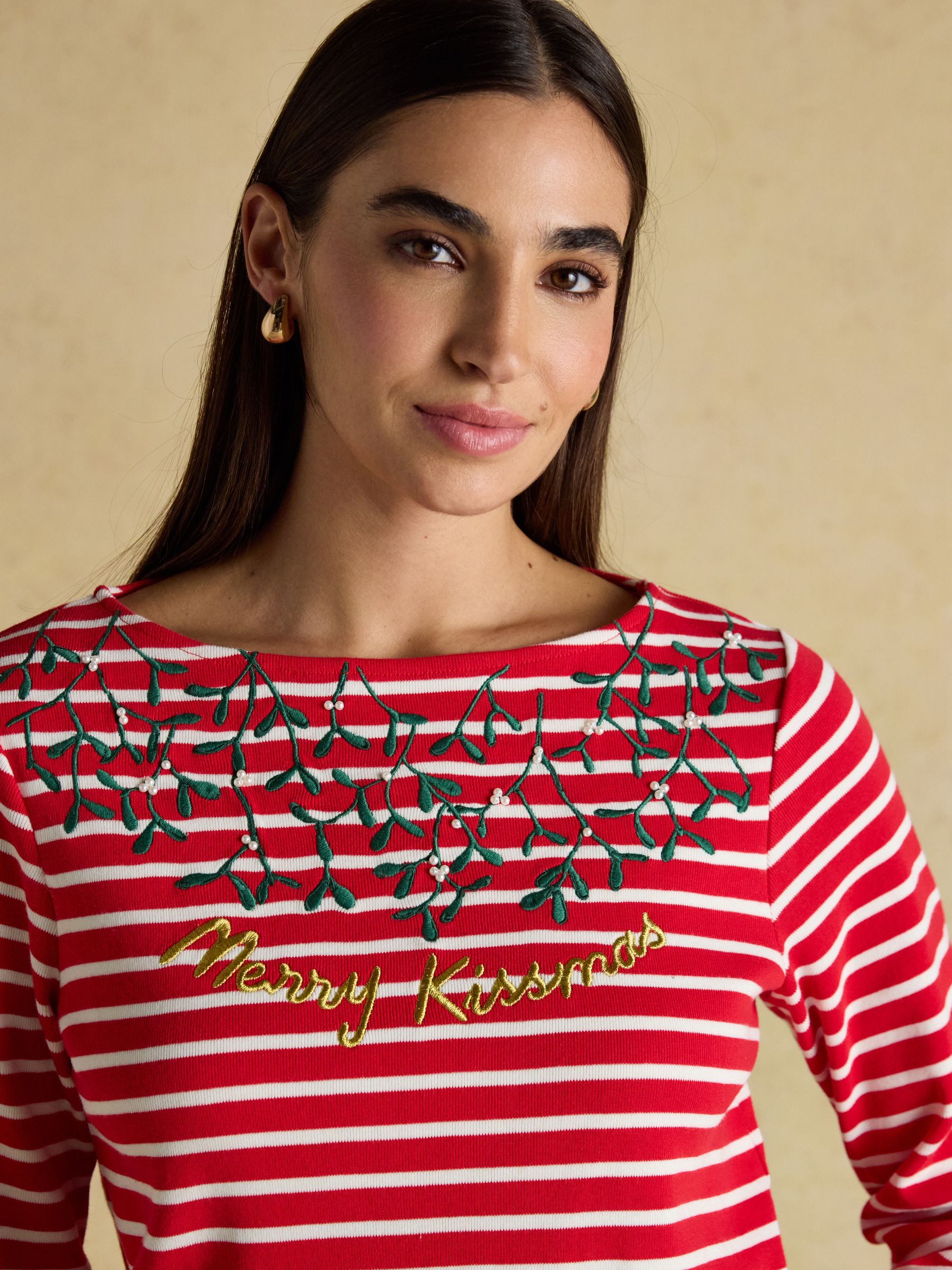 Christmas Harbour Merry Kissmas Red/Cream Boat Neck Breton Top - Image 3 of 6