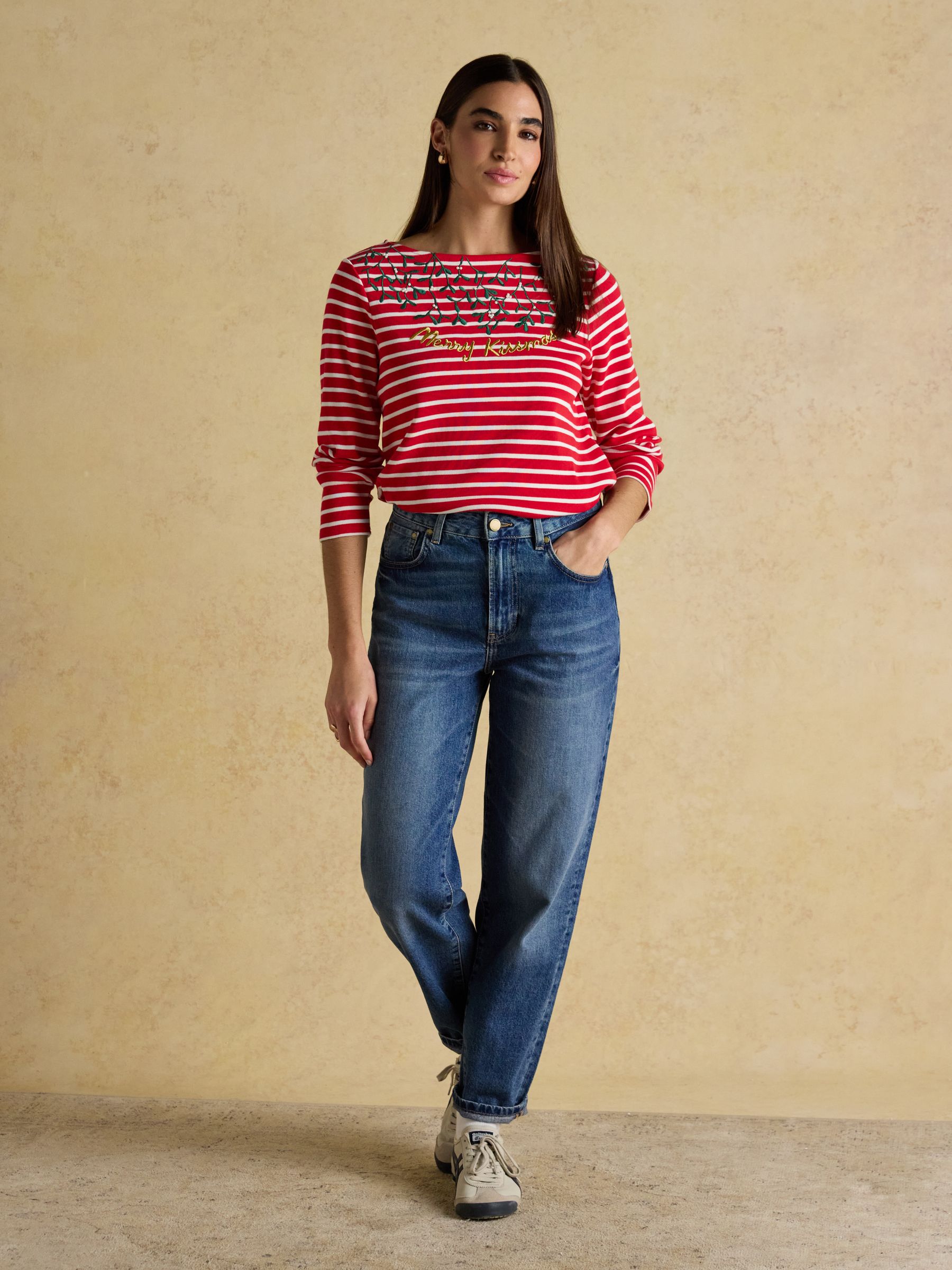 Christmas Harbour Merry Kissmas Red/Cream Boat Neck Breton Top - Image 5 of 6