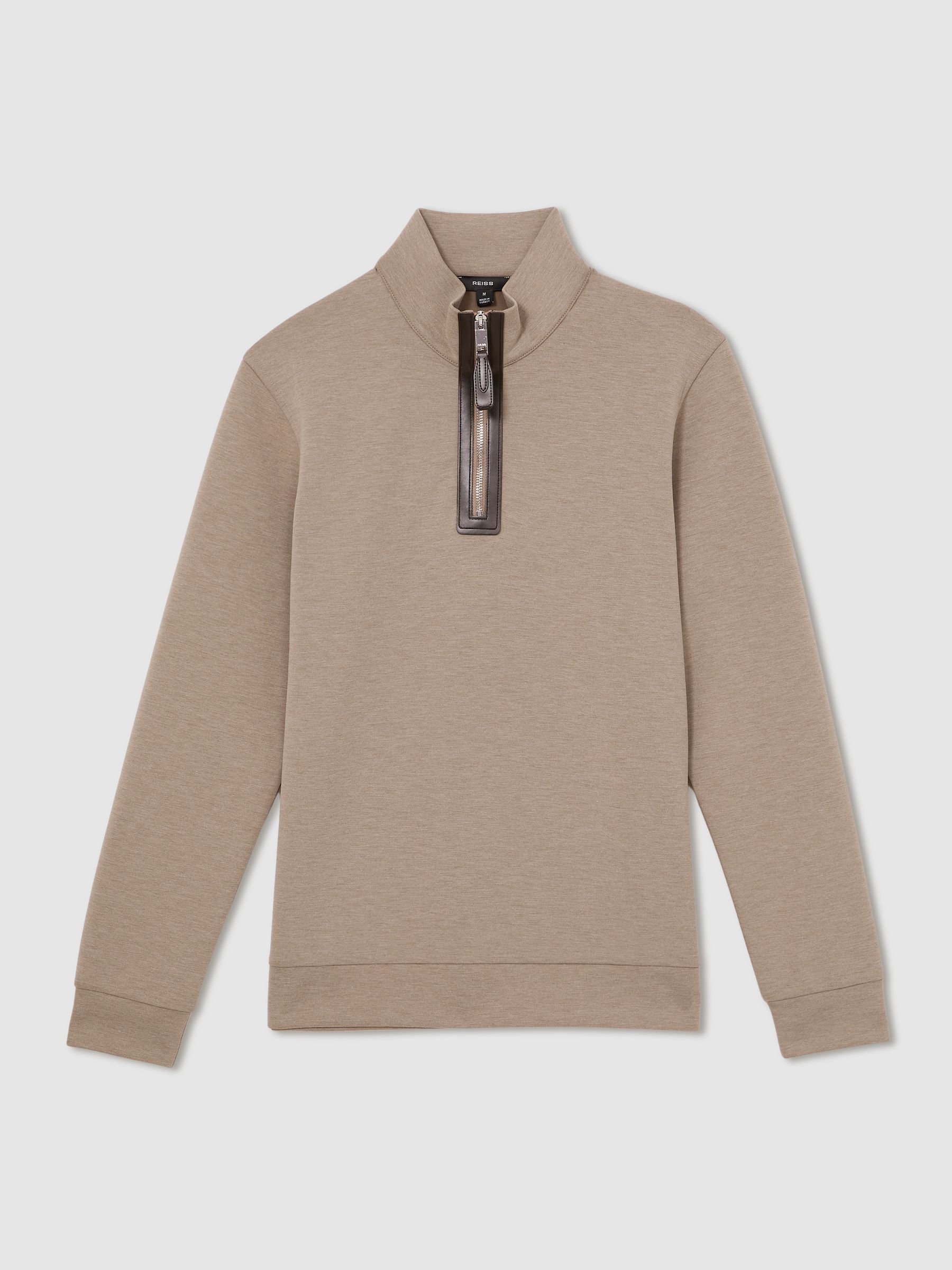 Leather-Placket Interlock Sweatshirt in Taupe Brown - Image 2 of 6
