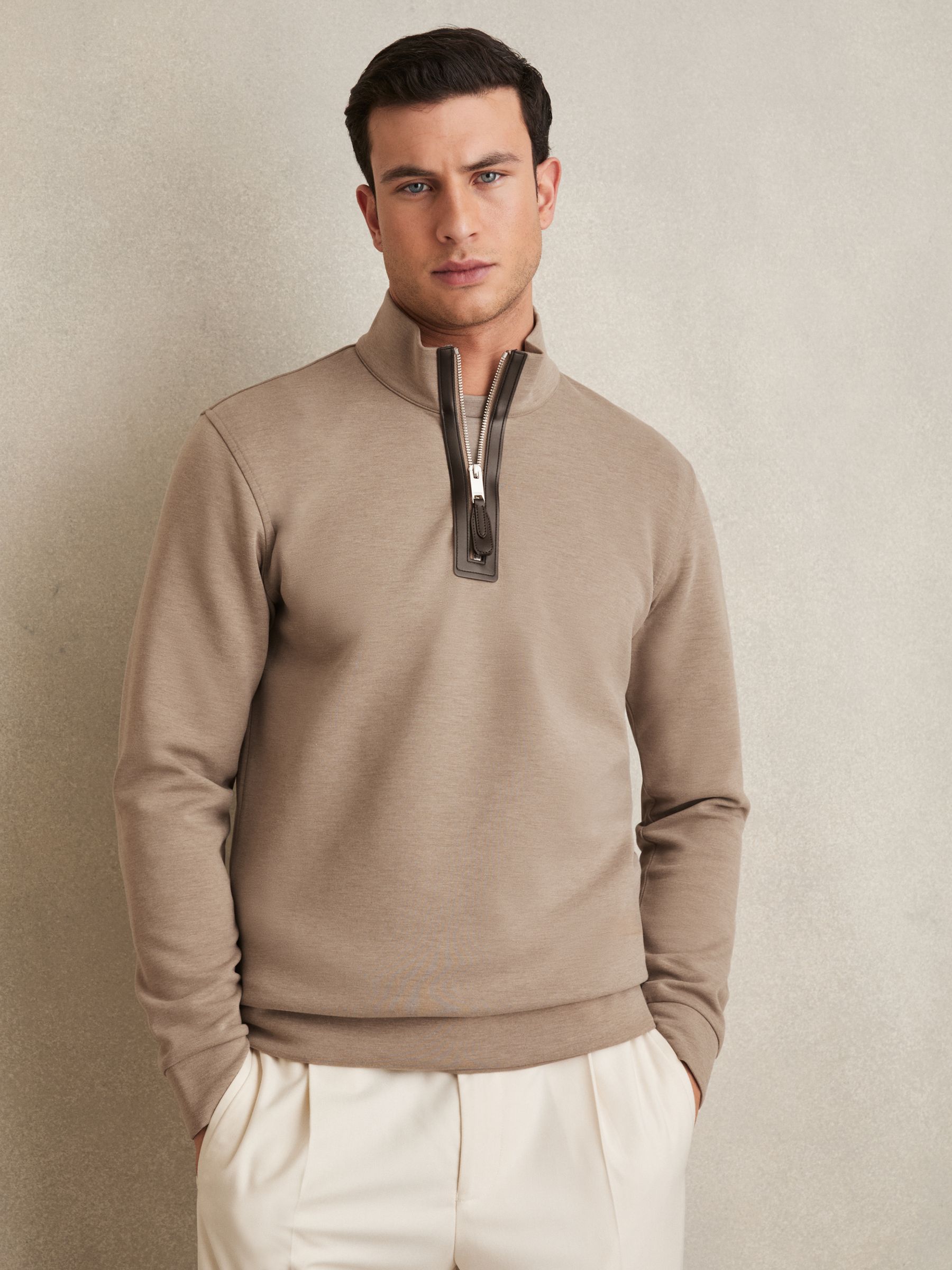 Reiss Leather-Placket Interlock Sweatshirt in Taupe Brown | REISS