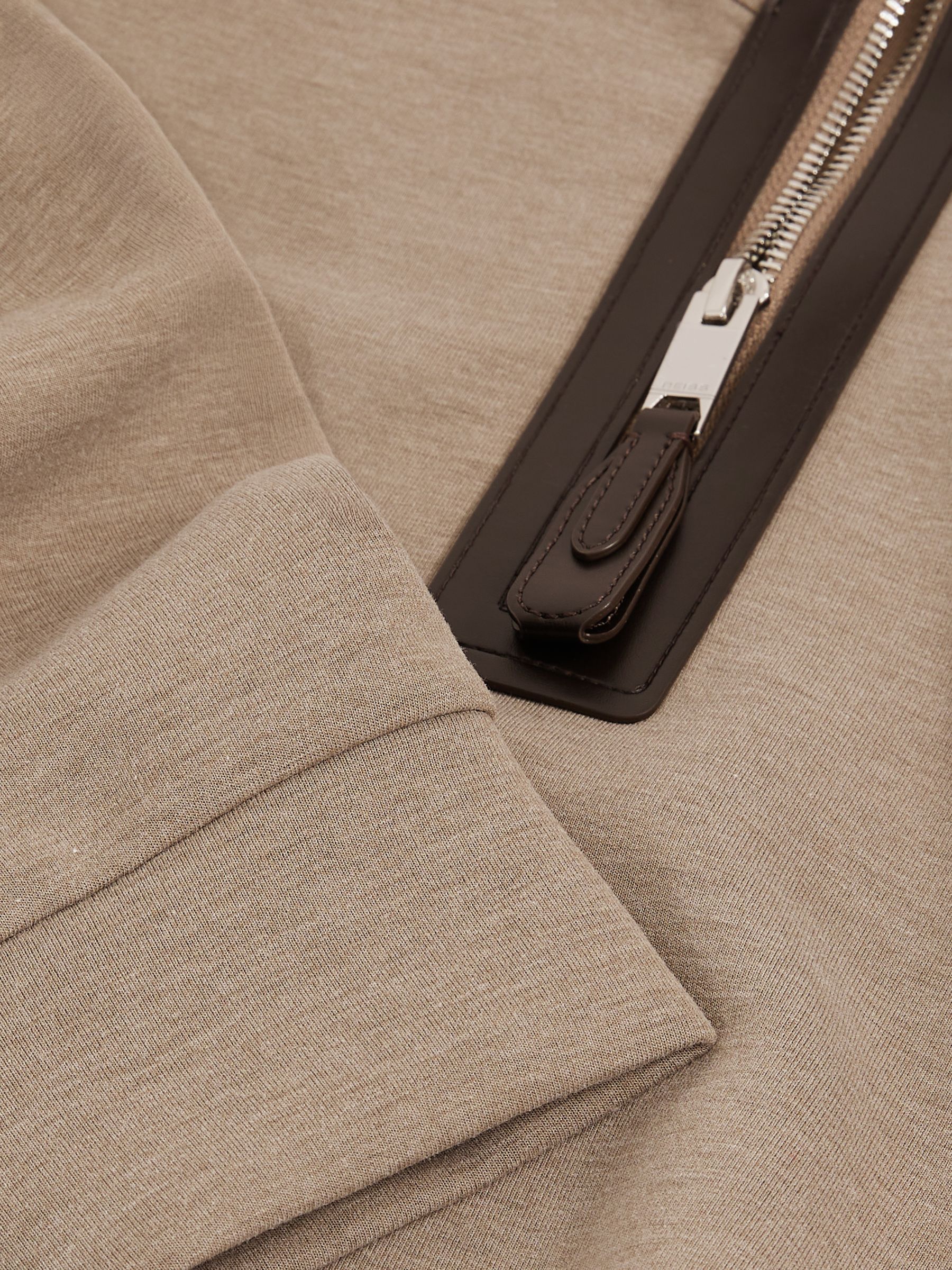 Leather-Placket Interlock Sweatshirt in Taupe Brown - Image 6 of 6